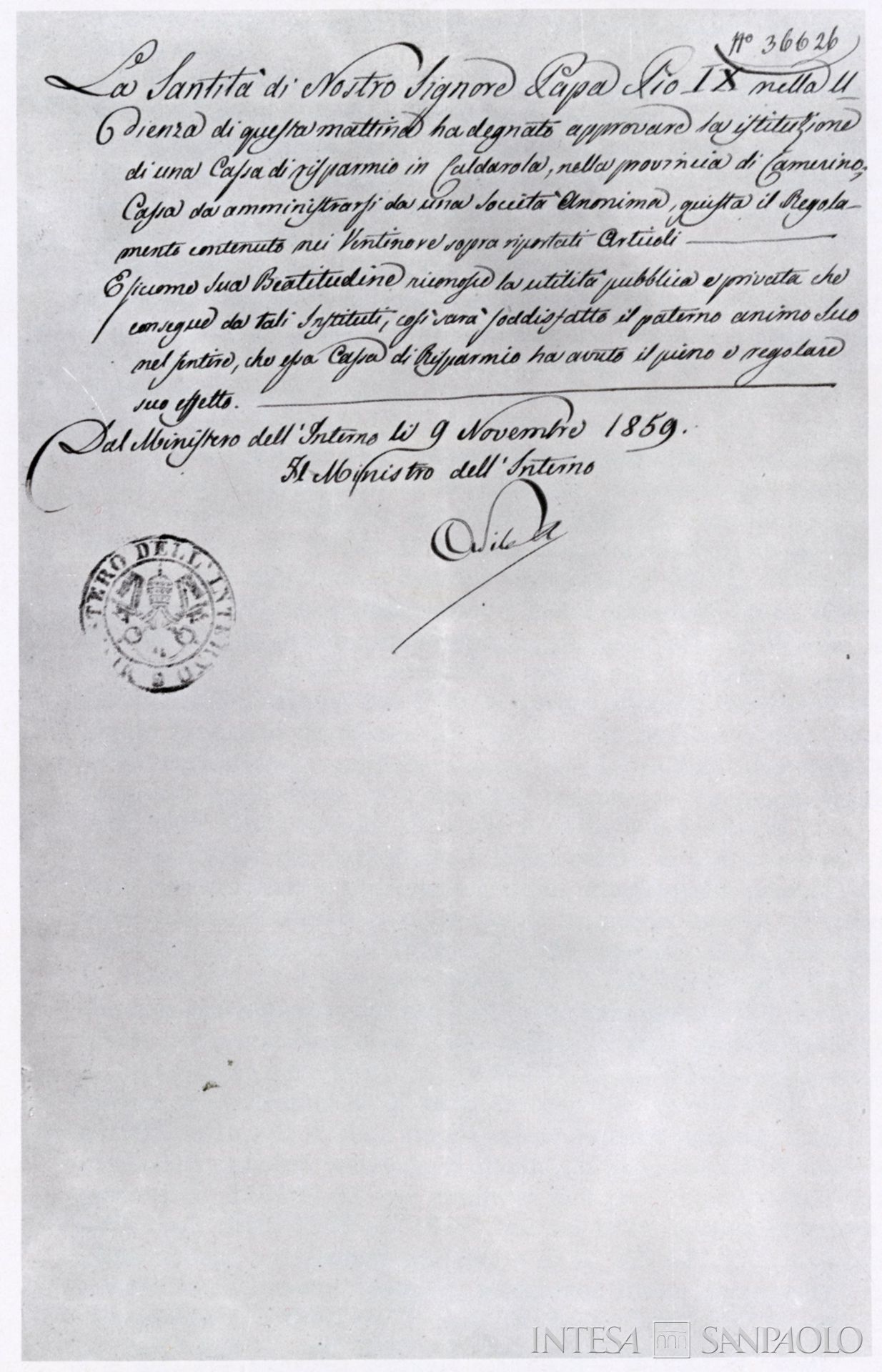 Cassa di Risparmio di Caldarola, ultima pagina del regolamento sulla istituzione dell'istituto, 9 ottobre 1859, tratto da Dante Cecchi, Cassa di Risparmio di Apiro, in Idem, Cassa di Risparmio della Provincia di Macerata nel CXXV anniversario della sua fondazione, [Macerata], 1969, tav. 22
