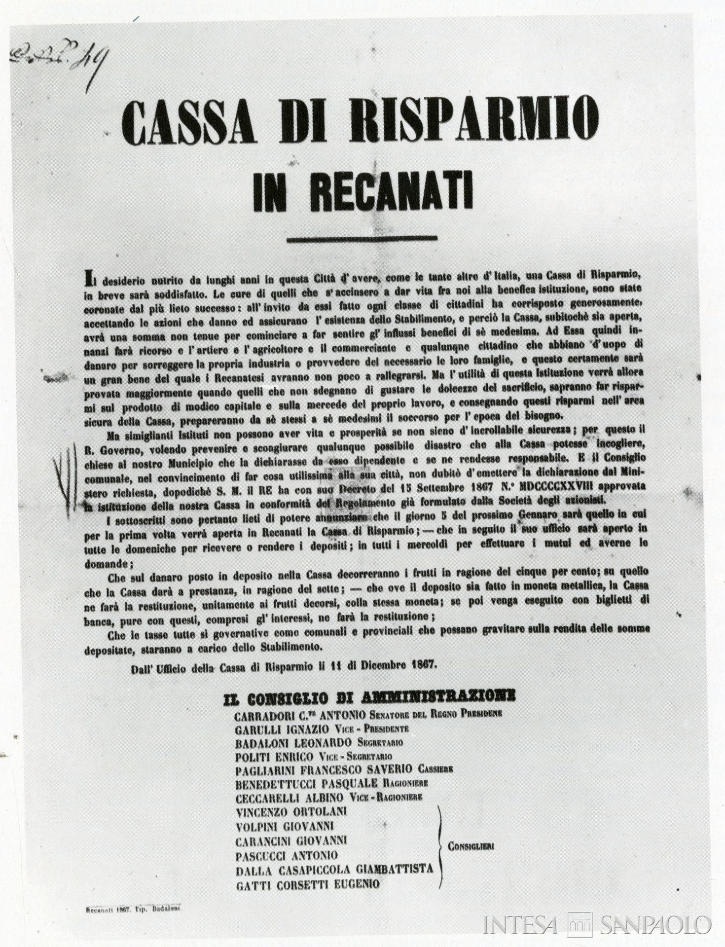 Cassa di Risparmio di Recanati, manifesto per l'apertura dell'istituto, 11 dicembre 1867, tratto da Cassa di Risparmio della Provincia di Macerata nel CXXV anniversario della sua fondazione, [Macerata], 1969, tav. 10