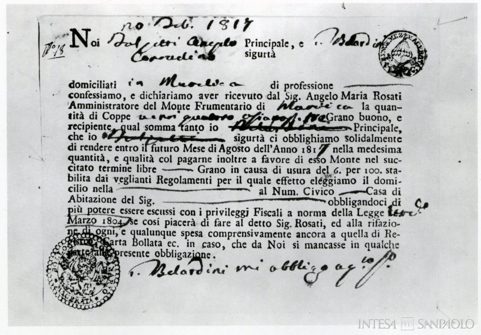 Cassa di Risparmio di Matelica, obbligazione rilasciata al Monte frumentario di Matelica il 20 febbraio 1817, tratta da: Dante Cecchi, Cassa di Risparmio di Apiro, in Idem, Cassa di Risparmio della Provincia di Macerata nel CXXV anniversario della sua fondazione, [Macerata], 1969, tav. 25