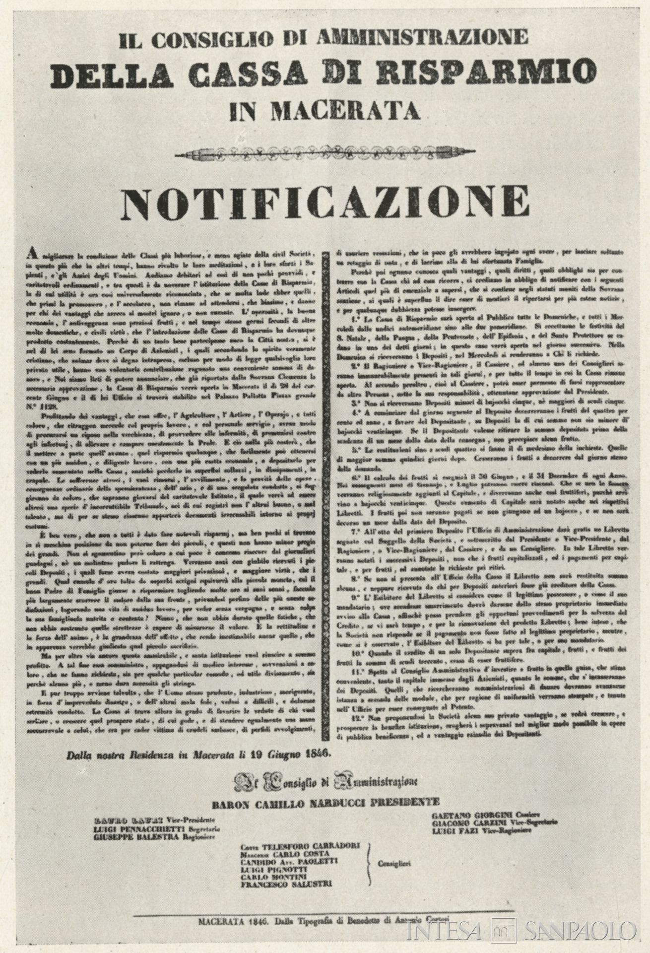 Cassa di Risparmio di Macerata, manifesto che annuncia la costituzione e l'apertura dell'istituto, 1846, tratto da La Cassa di Risparmio della Provincia di Macerata (1970), p. 151