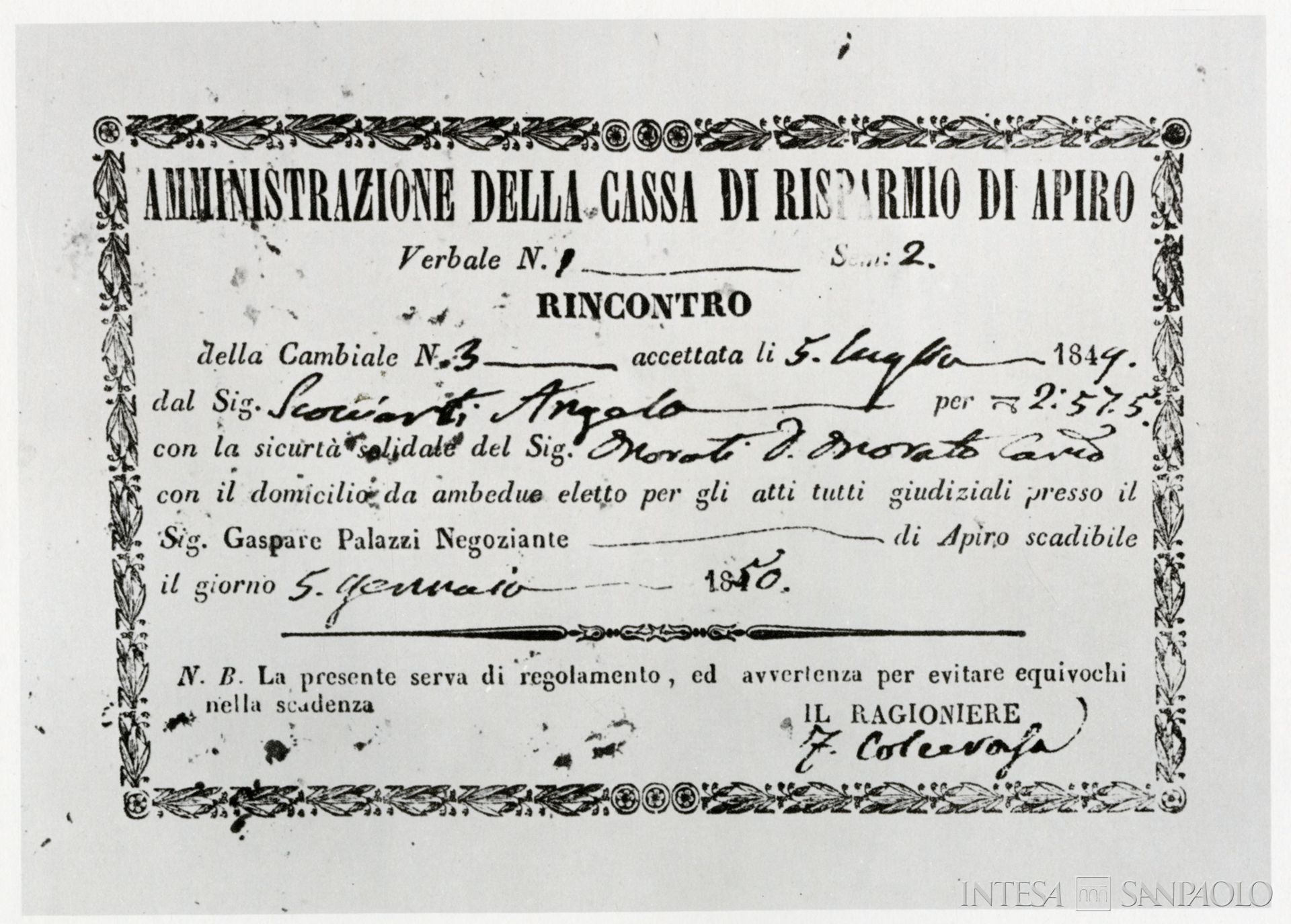 Cassa di Risparmio di Apiro, avviso di riscontro dell'obbligazione del 5 luglio 1849, tratta da Cassa di Risparmio della Provincia di Macerata nel CXXV anniversario della sua fondazione, [Macerata], 1969, tav. 15