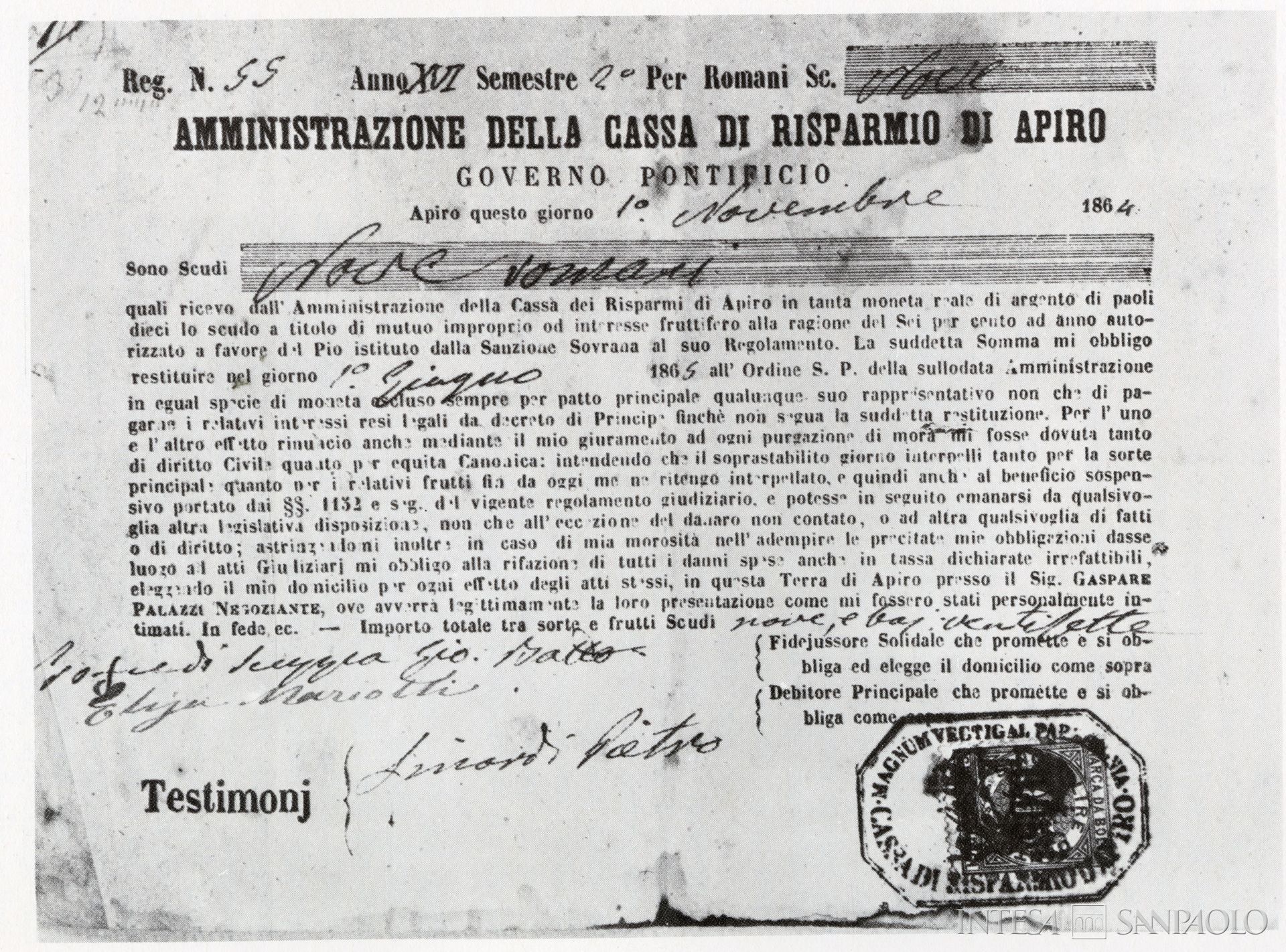 Cassa di Risparmio di Apiro, obbligazione chirografaria del 1 novembre 1864, tratta da Cassa di Risparmio della Provincia di Macerata nel CXXV anniversario della sua fondazione, [Macerata], 1969, tav. 16
