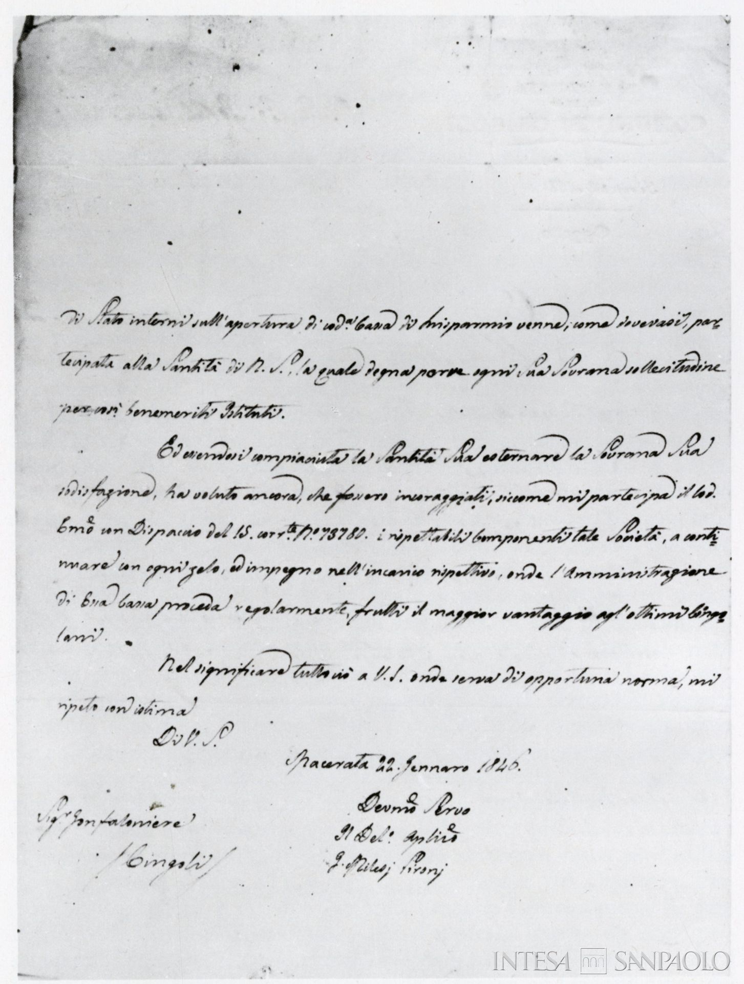 Cassa di Risparmio di Cingoli, seconda pagina della lettera con la quale il Gonfaloniere di Cingoli comunica al Presidente del futuro istituto l'approvazione sovrana per l'apertura, 27 gennaio 1846, tratta da: Dante Cecchi, Cassa di Risparmio di Apiro, in Idem, Cassa di Risparmio della Provincia di Macerata nel CXXV anniversario della sua fondazione, [Macerata], 1969, tav. 24