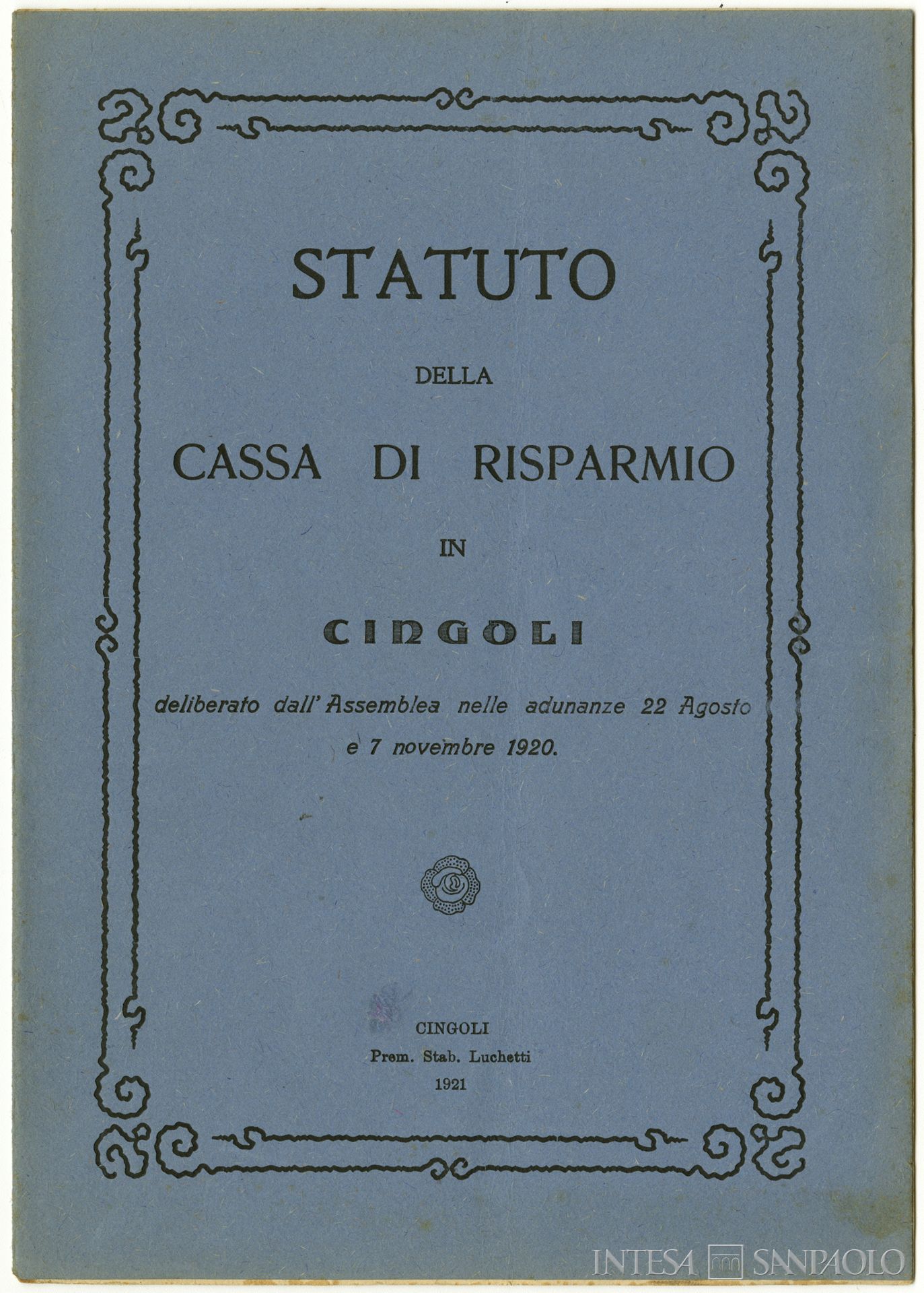 Cassa di Risparmio di Cingoli, statuto, 1920