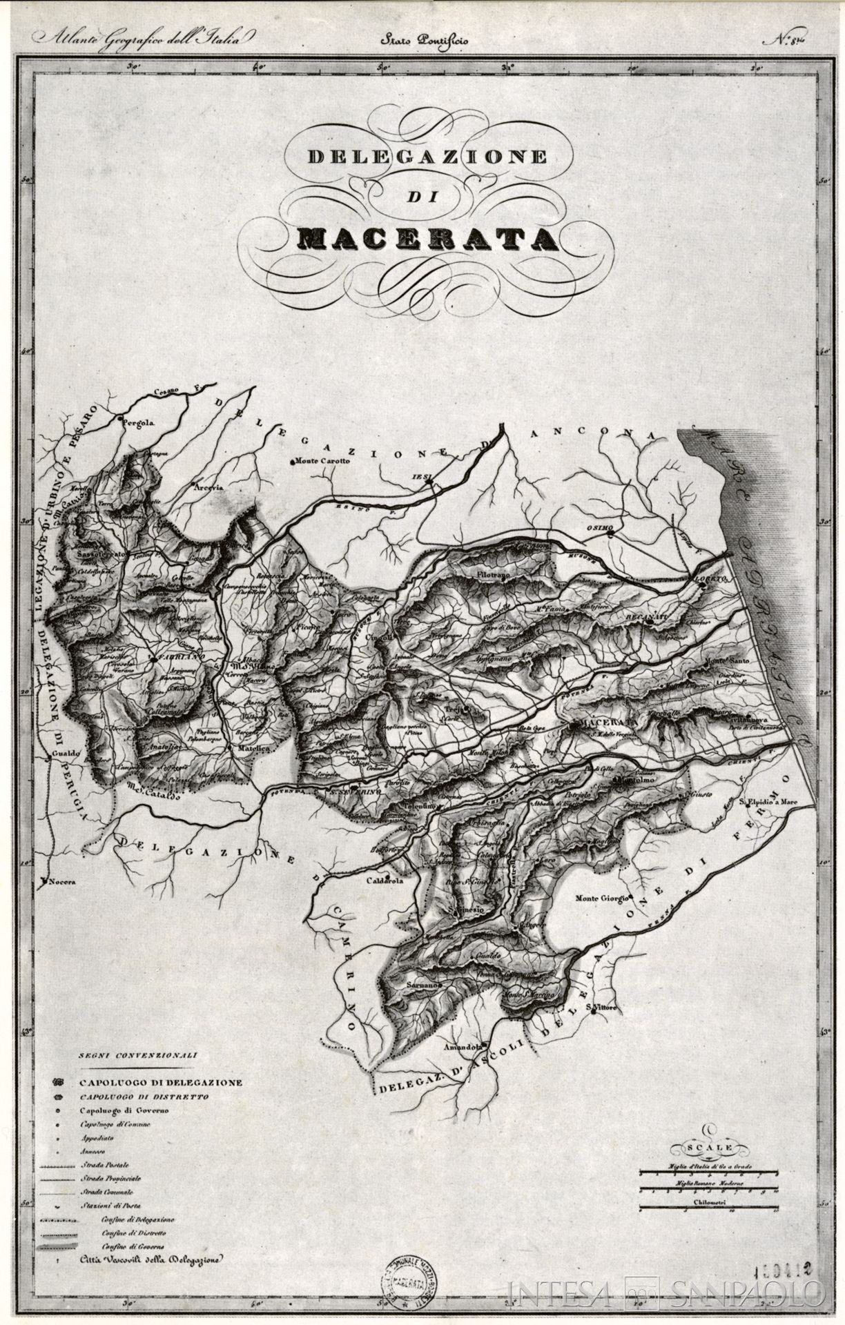 Monte di Credito su Pegno di Macerata, mappa della delegazione apostolica di Macerata nello Stato Pontificio, tratta da Archivio Storico Intesa San Paolo, Sezione Bibliografica, Dante Cecchi, Macerata e il suo territorio: la storia, Cassa di Risparmio della Provincia di Macerata, 1979, p. 177