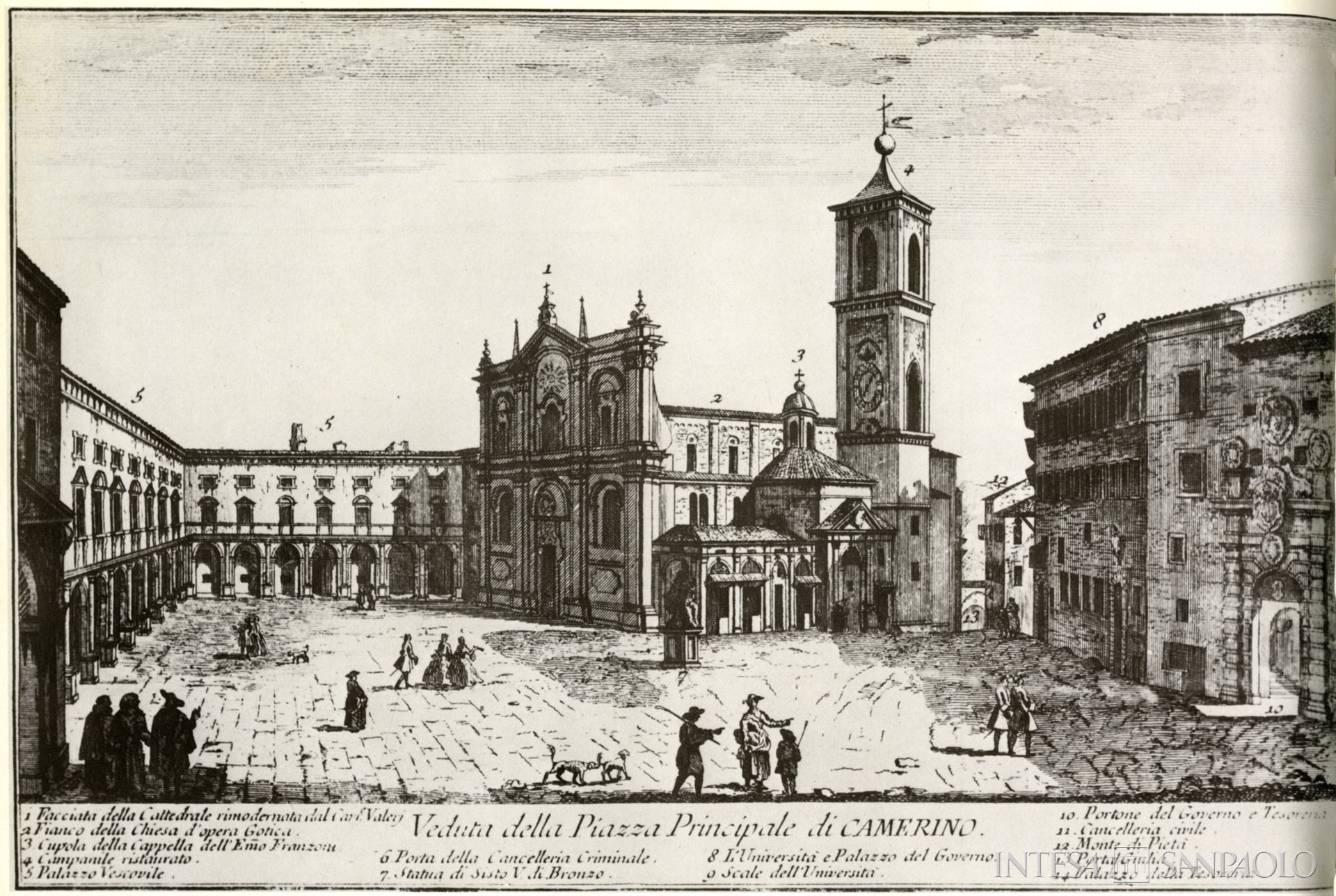 Monte di Credito su Pegno di Camerino, veduta della piazza principale con Monte di Pietà (13: arco basso a destra del campanile), tratta da: Archivio Storico Intesa Sanpaolo, Sezione Bibliografica, Dante Cecchi, Macerata e il suo territorio: il paese, Cassa di Risparmio della Provincia di Macerata, 1979, p.136