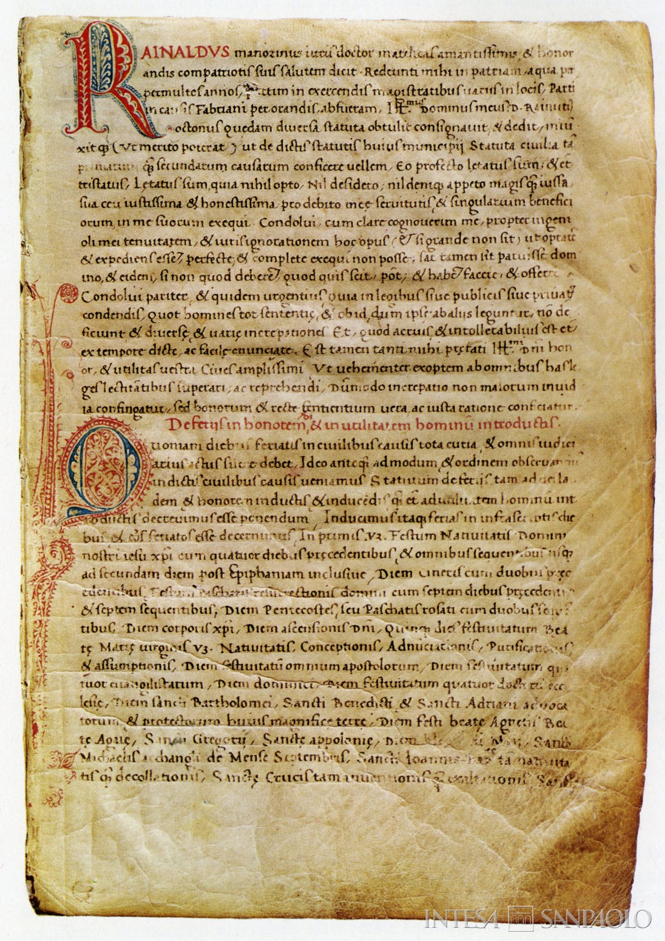 Monte di Credito su Pegno di Matelica, carta miniata del codice degli statuti del Comune di Matelica, il quale contiene anche riferimenti al Monte di Pietà, sec. XV, tratta da: Dante Cecchi, Cassa di Risparmio di Apiro, in Idem, Cassa di Risparmio della Provincia di Macerata nel CXXV anniversario della sua fondazione, [Macerata], 1969, tav. XIX