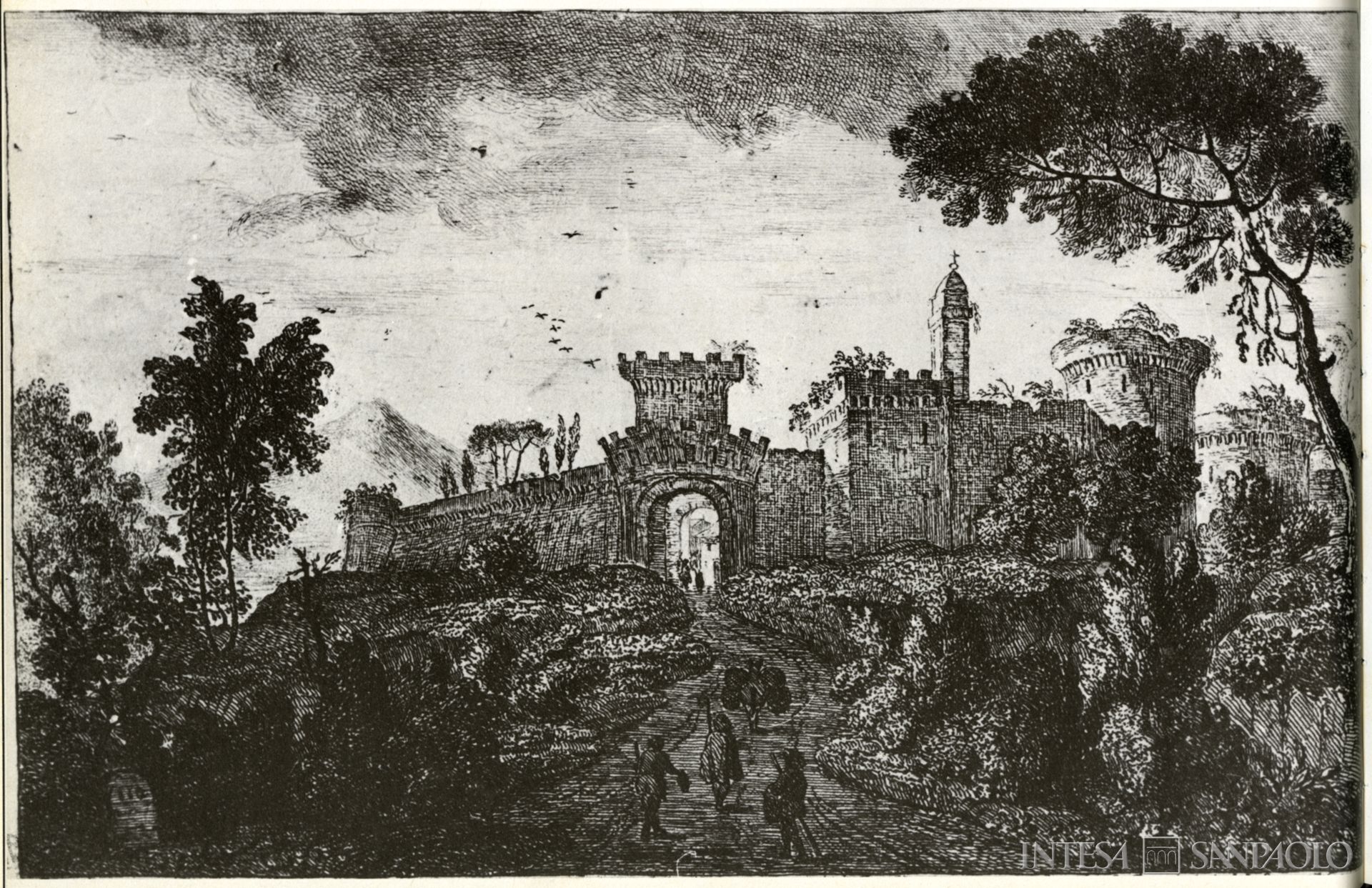 Monte di Credito su Pegno di Tolentino, incisione settecentesca che mostra una porta della città,tratta da da Dante Cecchi, Macerata e il suo territorio: i paesi, Cassa di Risparmio della provincia di Macerata, 1979, p. 24