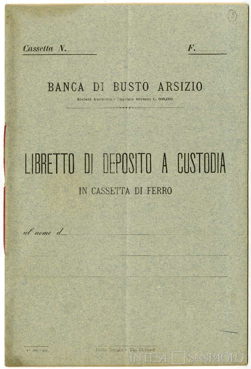 Banca di Busto Arsizio, libretto di deposito a custodia in cassetta di ferro, [1900-1904]