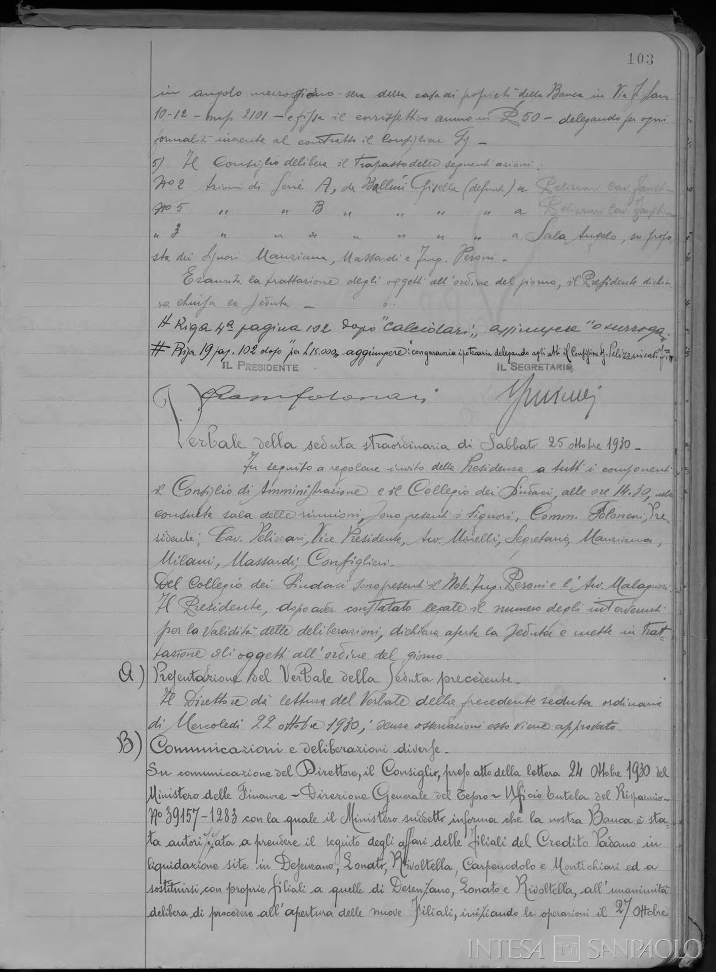 Credito Padano, assorbimento nella Banca San Paolo di Brescia, 25 ottobre 1930