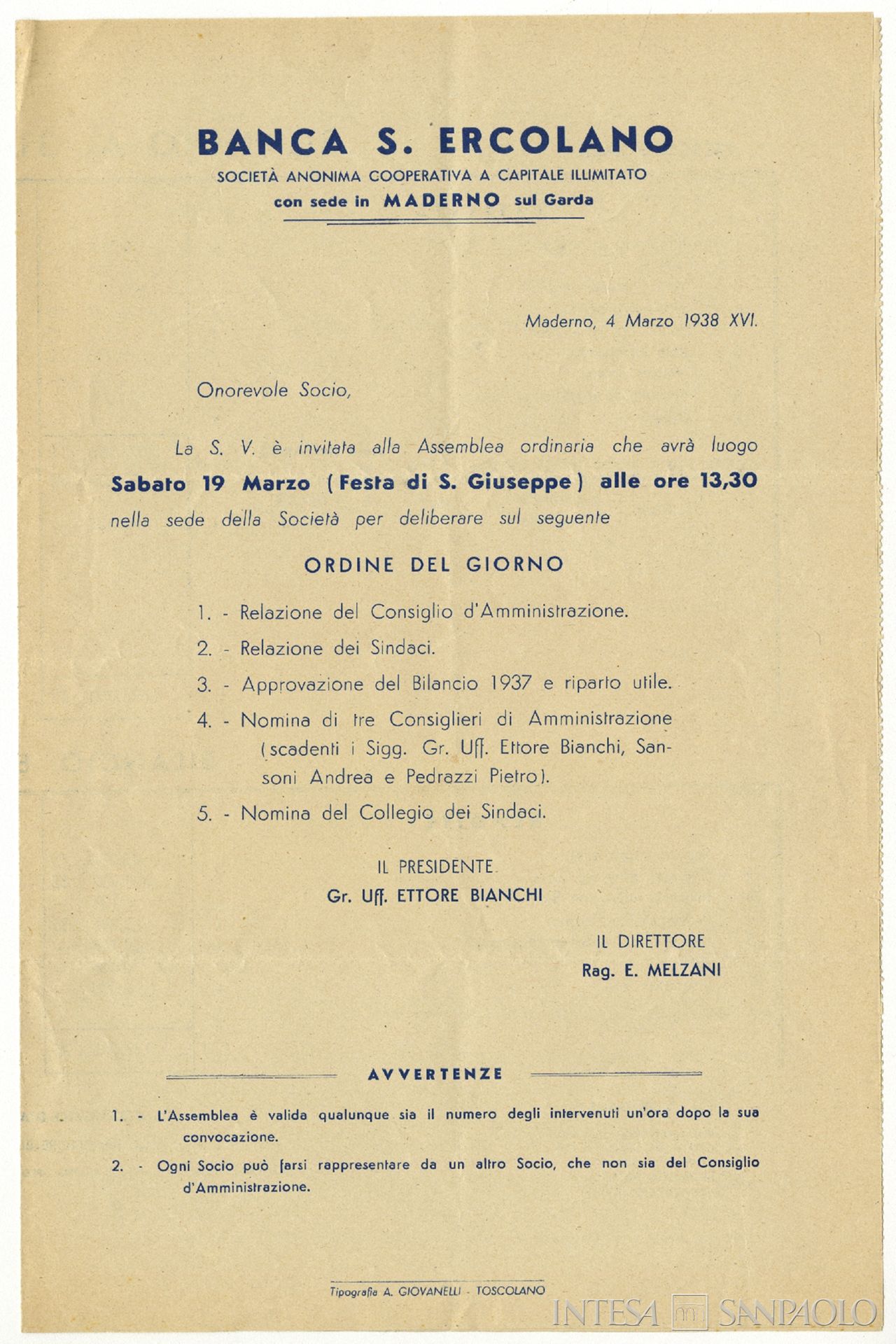 Banca S. Ercolano di Maderno, Odg assemblea del 18 marzo 1938