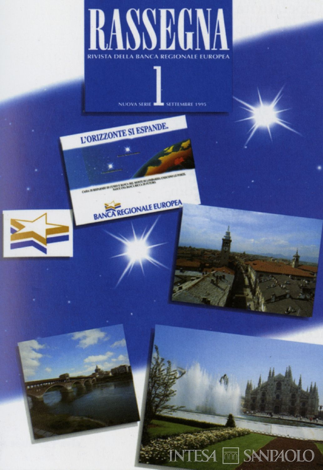 Banca Regionale Europea, copertina del primo numero dell'house organ Rassegna, nuova serie per la nuova banca, settembre 1995, tratta da Cinquant'anni di impegno e sviluppo per la Provincia Granda, 2006