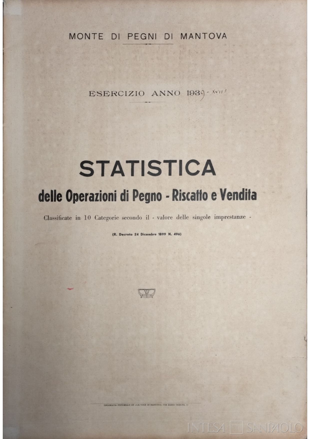 Monte di credito su Pegno di Mantova, statistica delle operazioni di pegno, riscatto e vendita, 1939