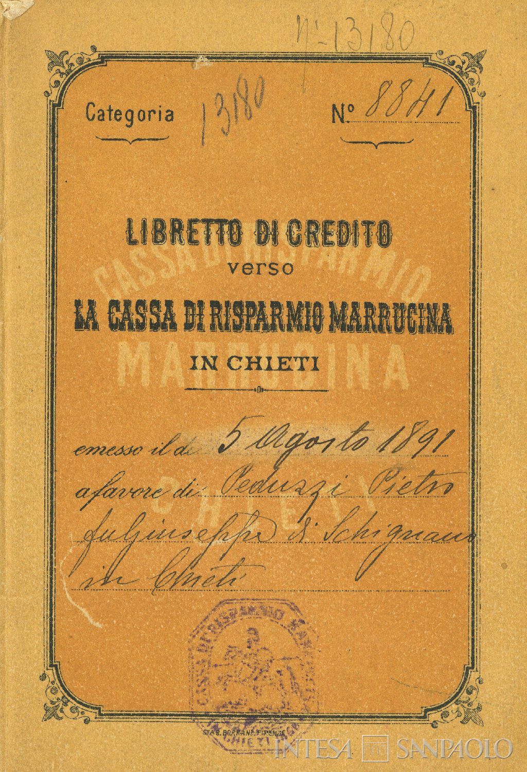 Cassa di Risparmio Marrucina, libretto di credito, 1891