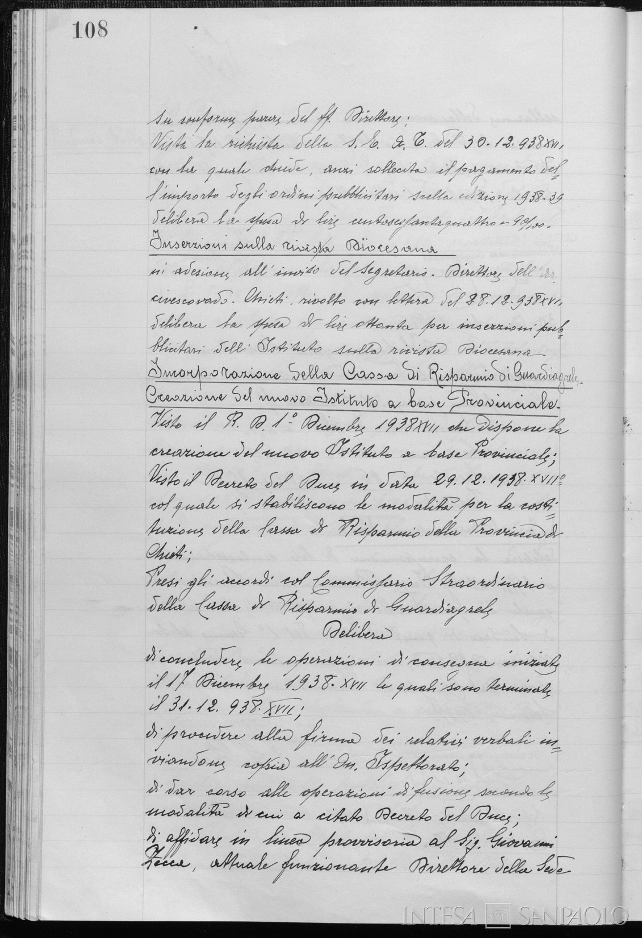 Delibera del Consiglio di Amministrazione della Cassa di Risparmio Marrucina a favore dell'incorporazione della Cassa di Risparmio di Guardiagrele, 31 dicembre 1938