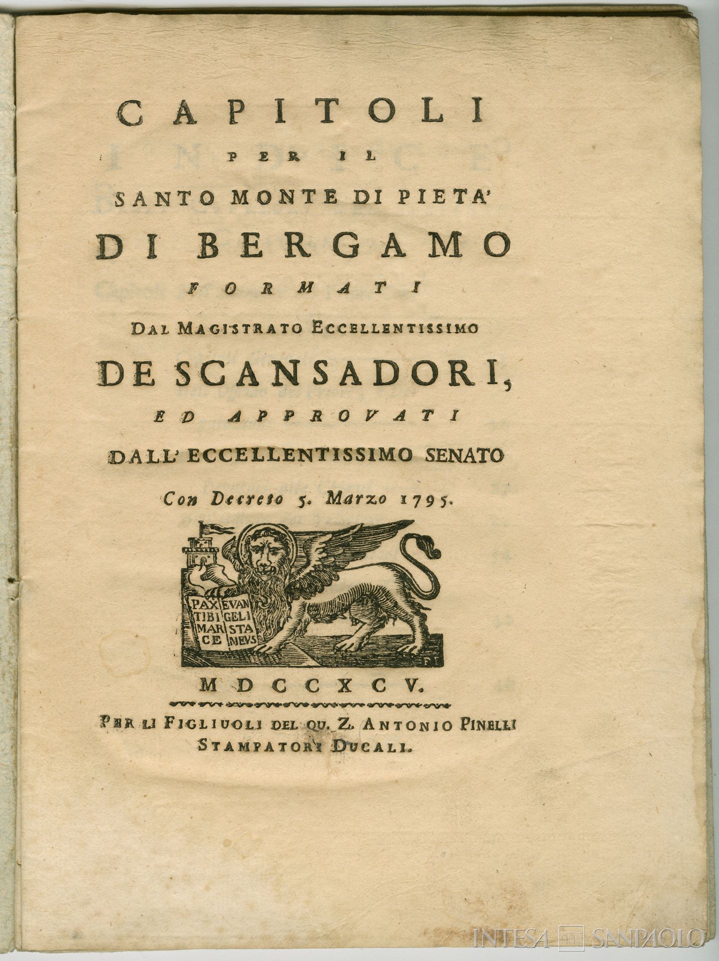 Monte di Credito su Pegno di Bergamo, statuto del 1795