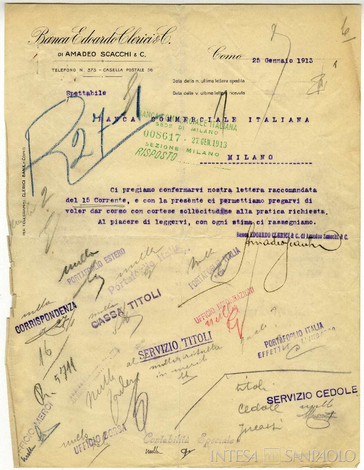 Banca Edoardo Clerici & C. di Amadeo Scacchi & C., raccomandata di sollecito relativa alla partecipazione al patto di sindacato della Compagnia di Antivari, 25 gennaio 1913
