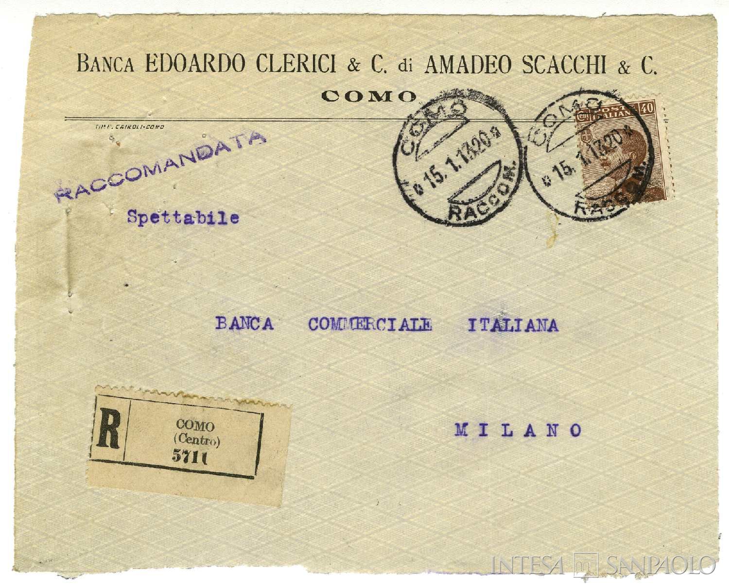 Banca Edoardo Clerici & C. di Amadeo Scacchi & C., raccomandata di sollecito relativa alla partecipazione al patto di sindacato della Compagnia di Antivari, 15 gennaio 1913