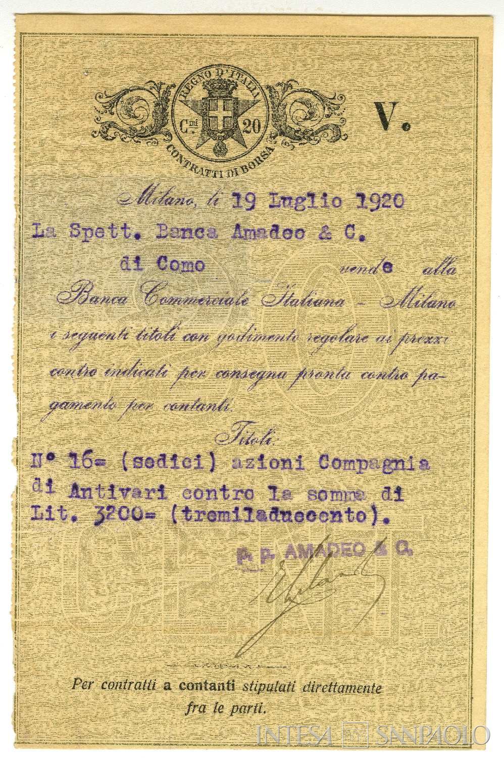 Banca Amadeo & C., bollato relativo a n. 16 azioni della Compagnia di Antivari vendute dalla Banca Amadeo & C. alla Banca Commerciale Italiana, 19 luglio 1922