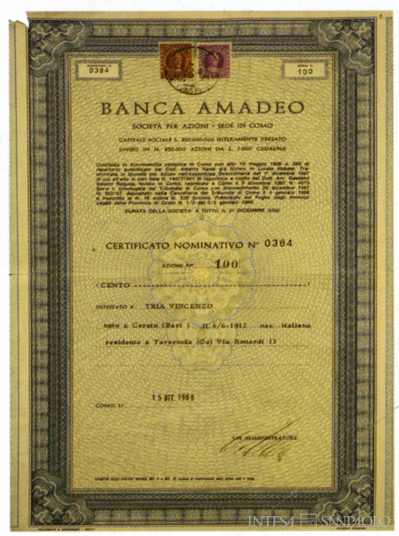 Banca Amadeo & C., certificato azionario, 1969, tratto da Banca Popolare di Bergamo 1869-2009 (2009) p. 345