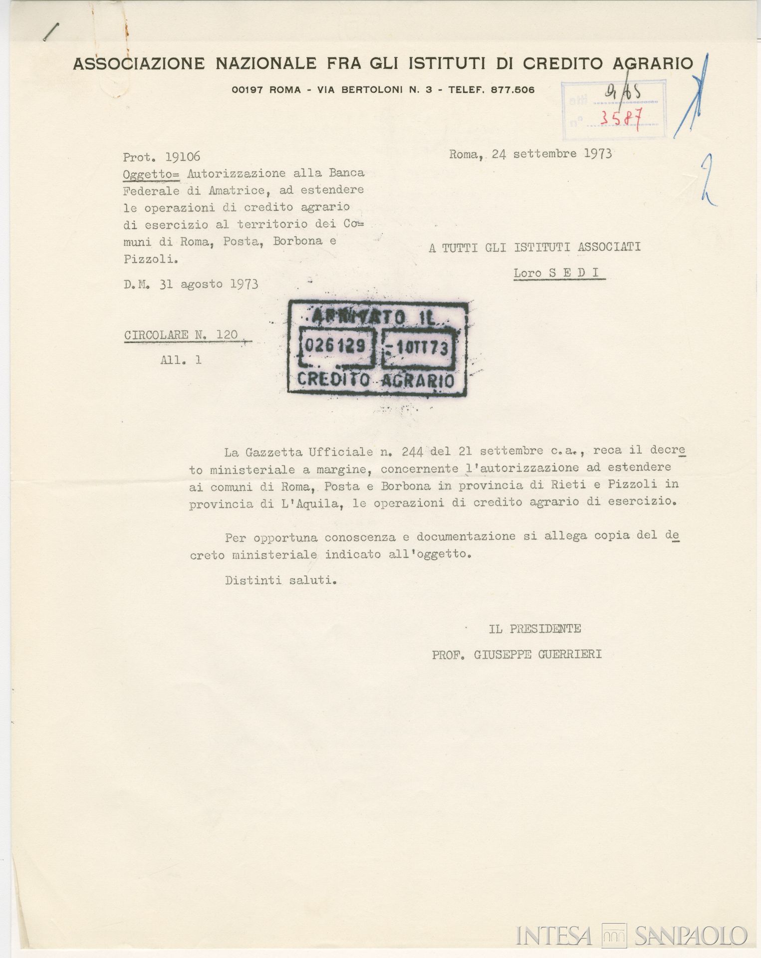 Banca Federale di Amatrice, circolare n. 120 dell'Associazione Nazionale fra gli Istituti di Credito Agrario sull'autorizzazione ministeriale alla Banca Federale di Amatrice di estendere il proprio territorio di competenza, 24 settembre 1973