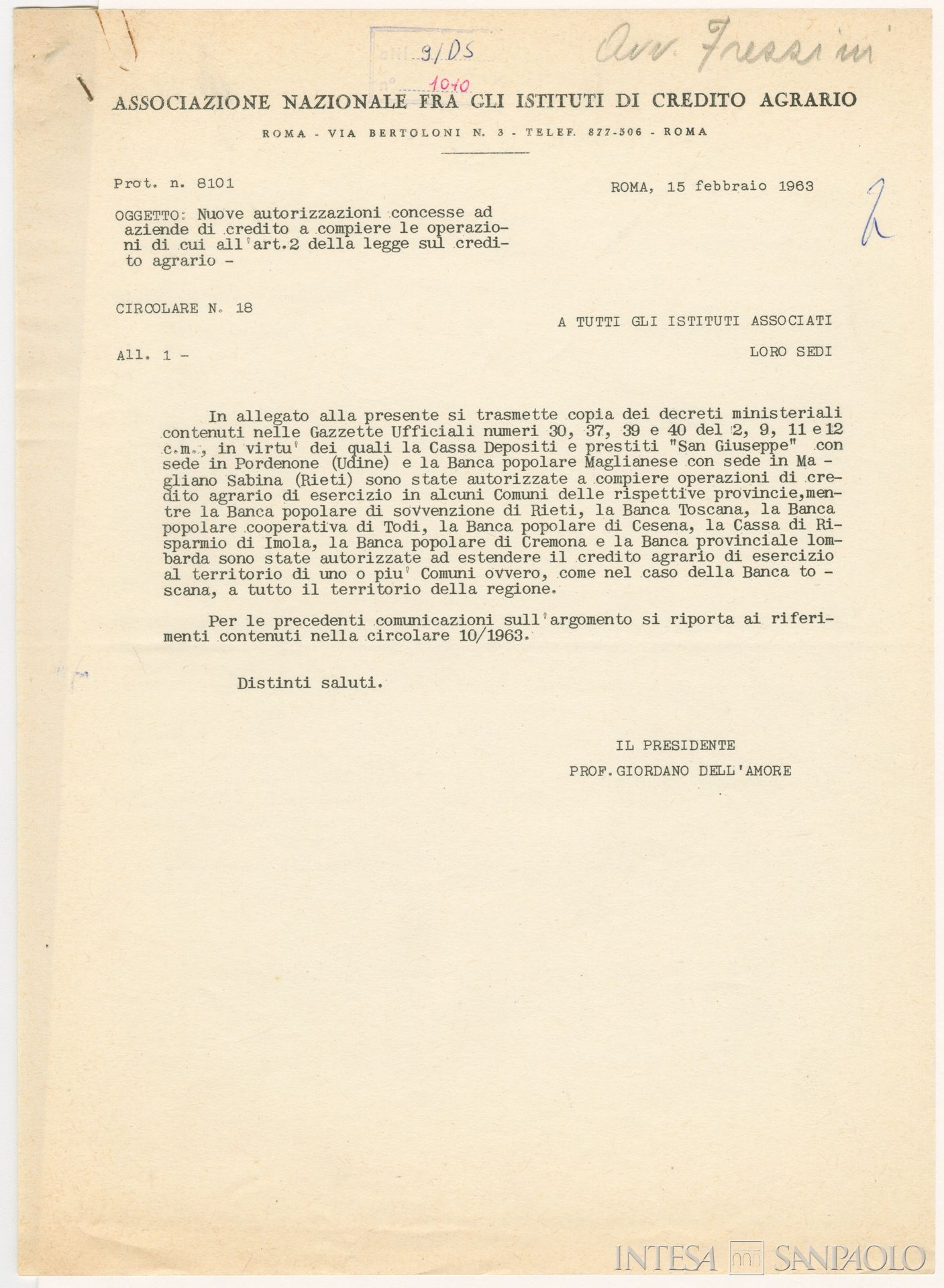 Banca Mutua Popolare Maglianese, circolare n. 18 dell'Associazione Nazionale fra gli Istituti di Credito Agrario sull'autorizzazione ministeriale concessa alla Banca Popolare Maglianese ad allargare il proprio territorio di competenza, 15 febbraio 1963