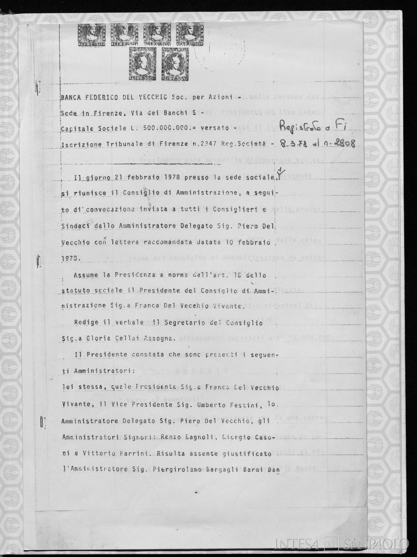 Banca Federico Del Vecchio, comunicazione del presidente al CdA sulla trasformazione in società per azioni, 24 maggio 1973