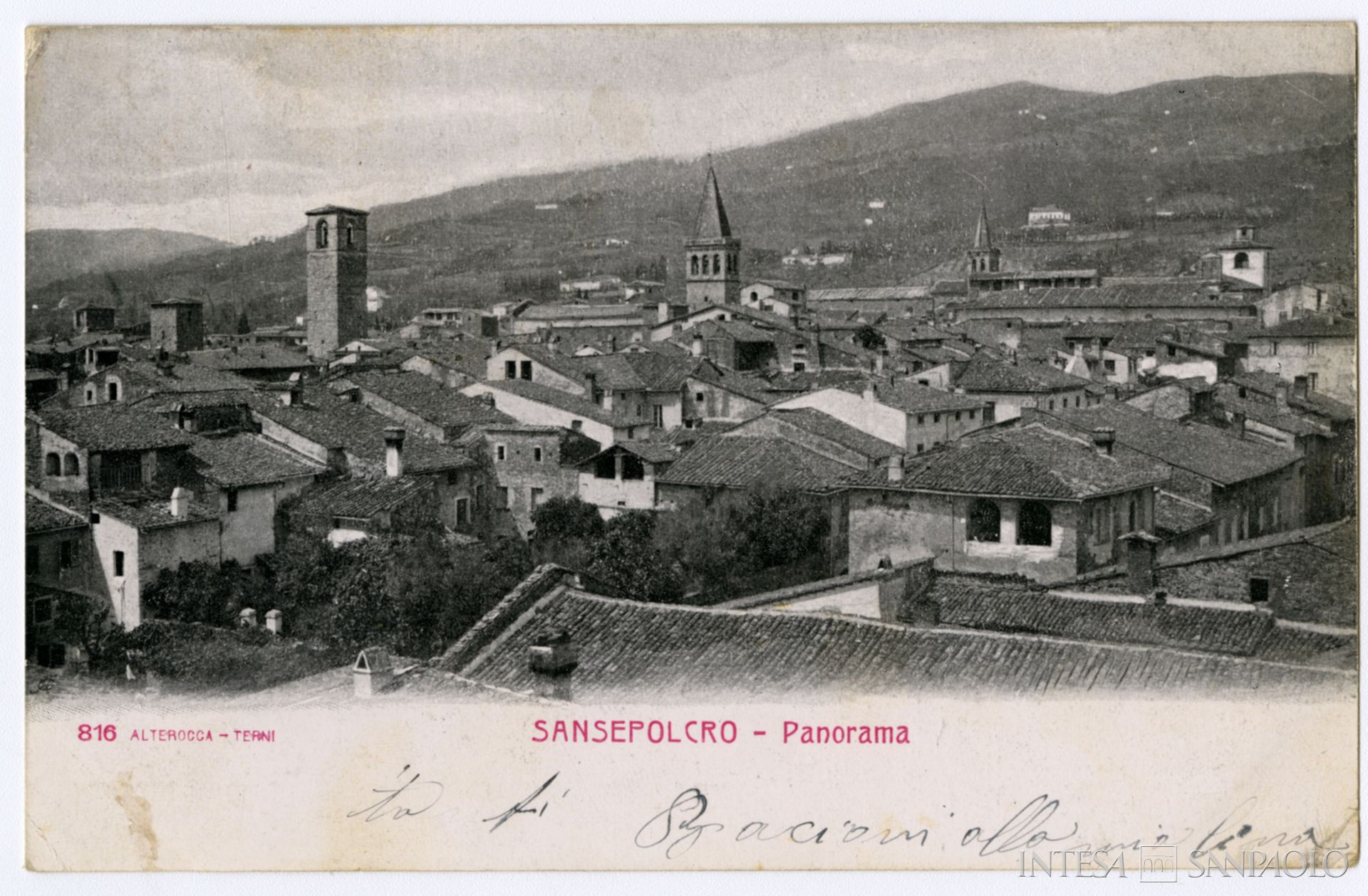 Banca Mutua Popolare di Sansepolcro, veduta panoramica, s.d., tratta da: Archivio Storico Intesa Sanpaolo, Archivio iconografico, Banca Commerciale Italiana, Collezione Sahadun, Album di cartoline, n. 2