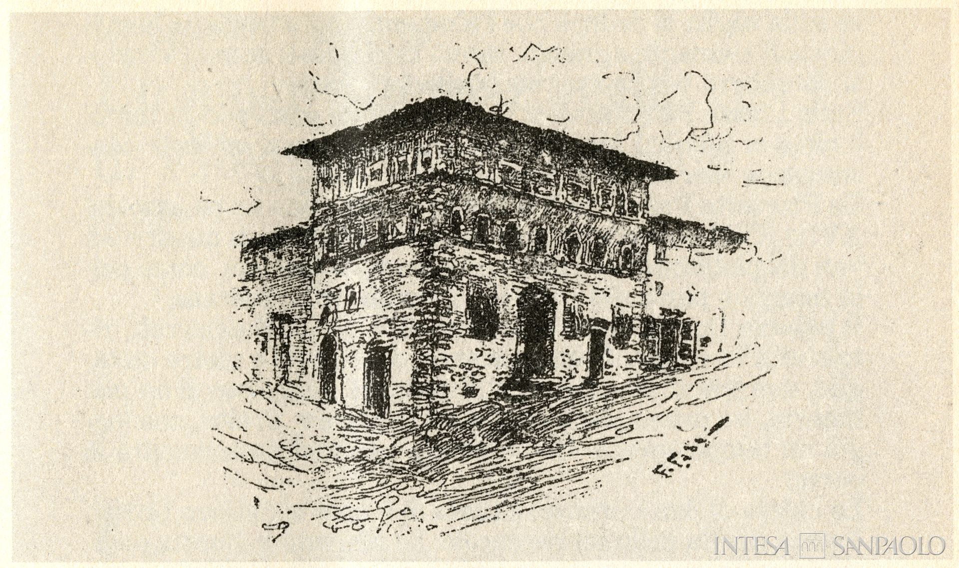 Banca Agricola e Commerciale di Bibbiena, veduta del Palazzo del Cardinal Bibbiena, disegno di F. Fabbi non datato, tratto da Attilio Brilli (a cura di), Viaggio in Casentino: una valle nello specchio della cultura europea e americana 1791-1912, Banca Popolare dell'Etruria e del Lazio, 1993, p. 73