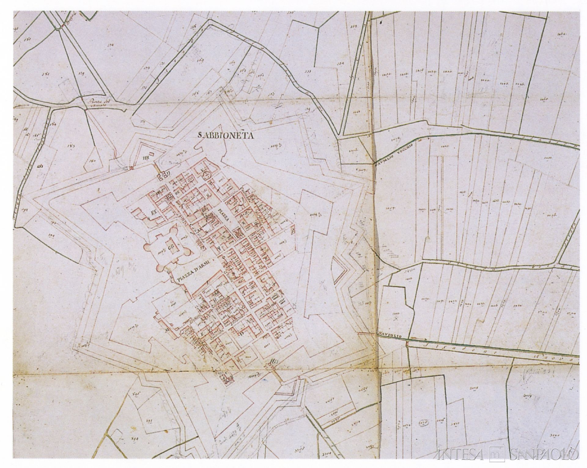 Monte di Credito su Pegno di Sabbioneta, mappa catastale del 1774, rilevata da Bartolomeo Villa, Pietro Morlandi, Carlo Brunelli e Francesco Bronzi, tratta da Mantova e il suo territorio (Cariplo, Milano, 1999), p. 415