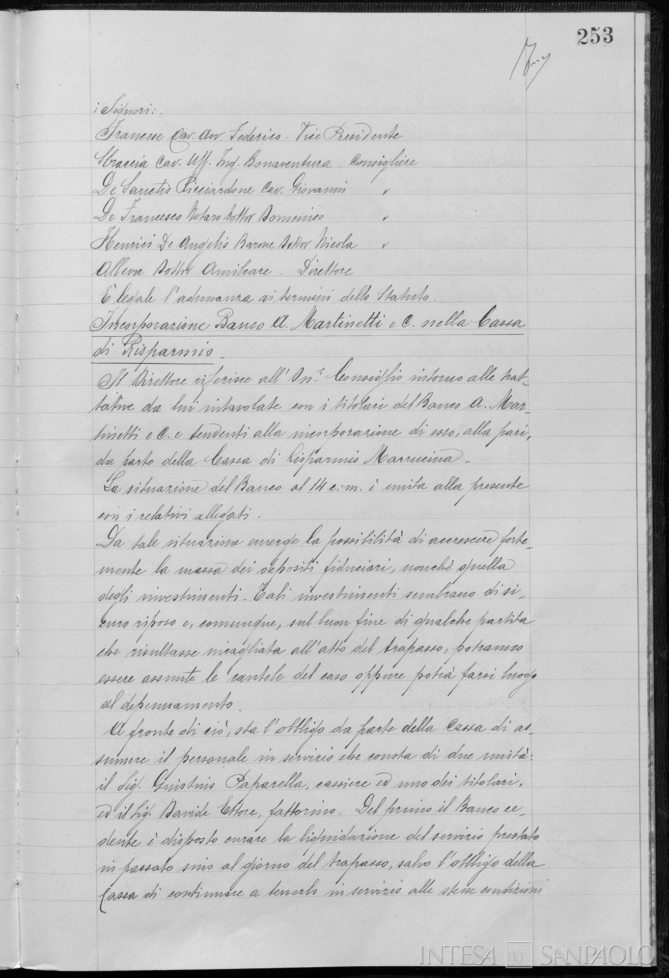 Delibera del Consiglio di Amministrazione della Cassa di Risparmio Marrucina a favore dell'incorporazione del Banco A. Martinetti, 15 ottobre 1936