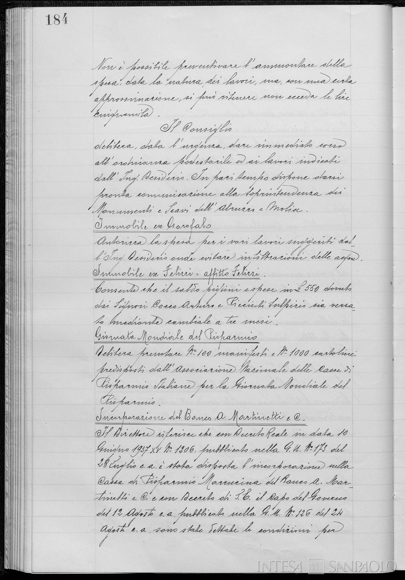 Delibera del Consiglio di Amministrazione della Cassa di Risparmio Marrucina a favore dell'incorporazione del Banco A. Martinetti, 7 settembre 1937