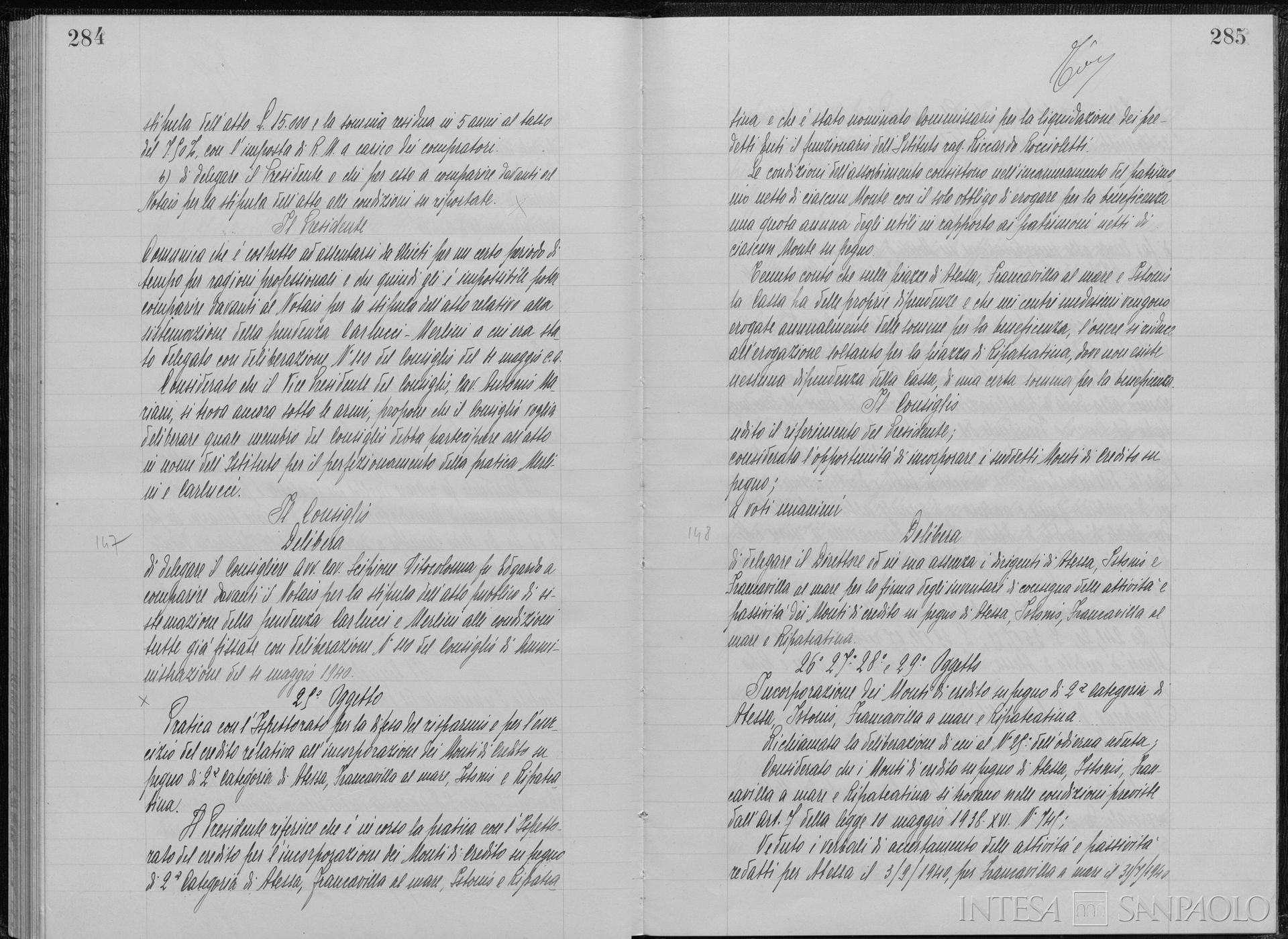 Delibera del Consiglio di Amministrazione della Cassa di Risparmio della Provincia di Chieti a favore dell'incorporazione del Monte di Credito su Pegno di Francavilla a Mare, 5 ottobre 1940
