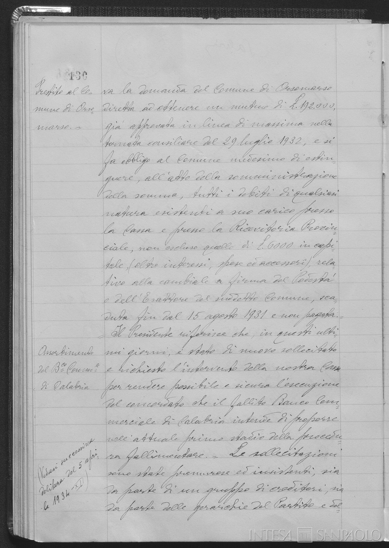 Banco Commerciale di Calabria, comunicazione relativa all'assorbimento da parte della Cassa di Risparmio di Calabria, 8 gennaio 1934
