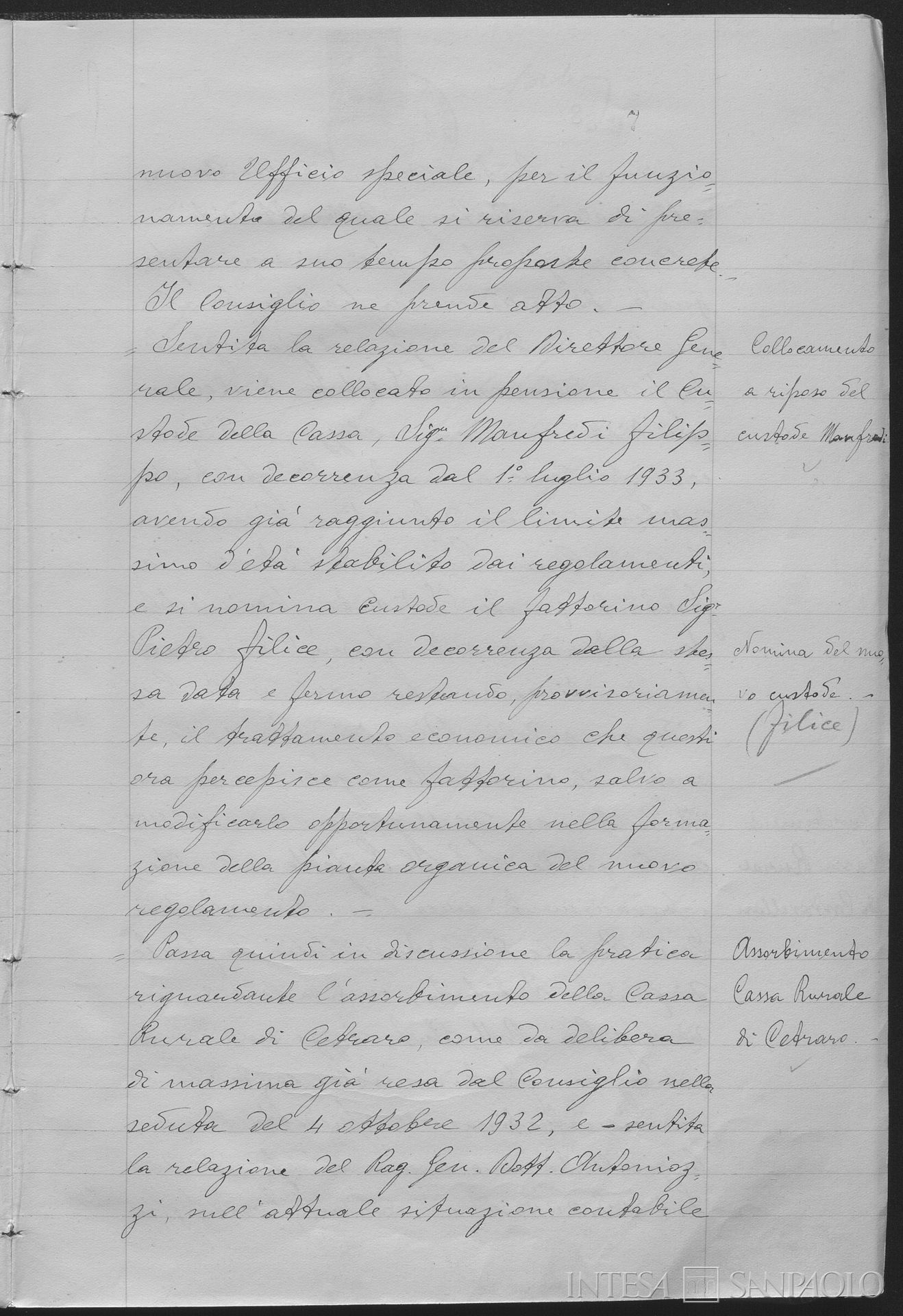 Cassa Rurale di Cetraro, comunicazione relativa all'assorbimento da parte della Cassa di Risparmio di Calabria, 30 giugno 1933