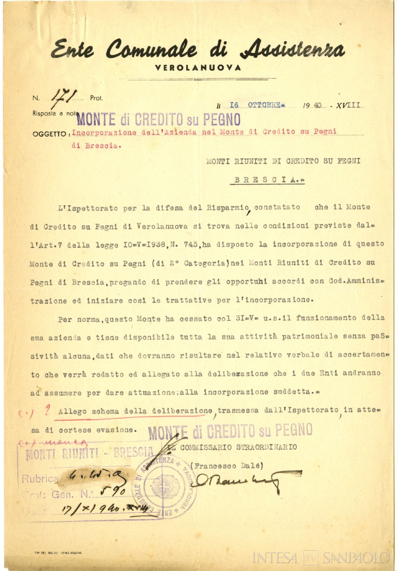 Monte di Credito su Pegno di Verolanuova, Lettera del commissario dell'Istituto ai Monti Riuniti di Credito su Pegno di Brescia in merito alla cessazione dell'attività, 16 ottobre 1940