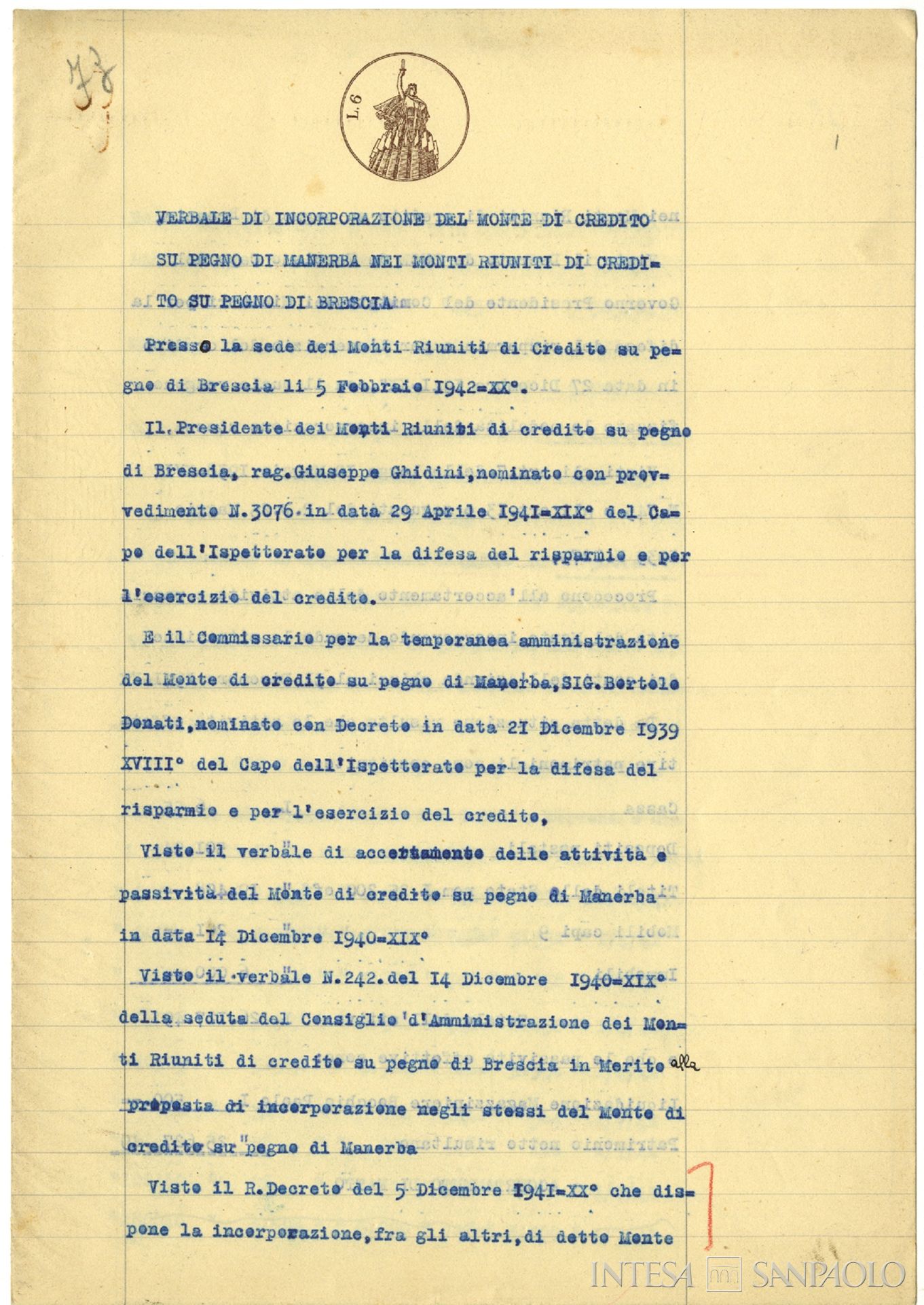 Monte di Credito su Pegno di Manerba, Verbale dell'incorporazione dell'Istituto nei Monti Riuniti di Credito su Pegno di Brescia, 5 febbraio 1942