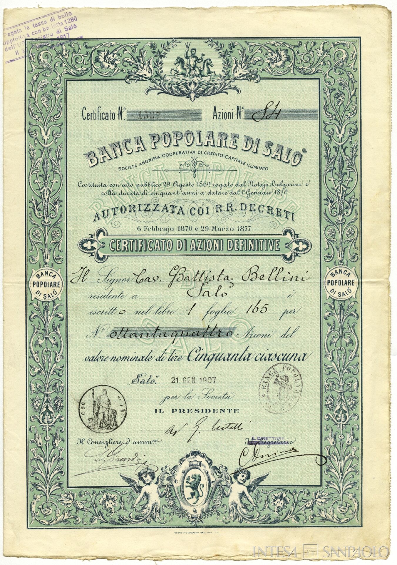 Banca popolare di Salò, certificato azionario, 1907