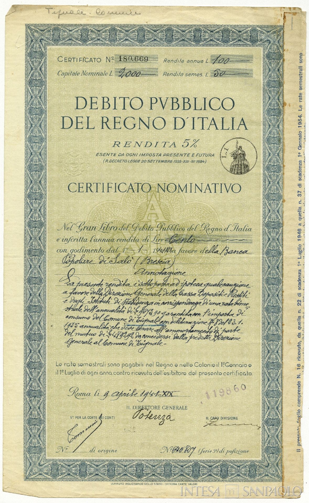 Banca popolare di Salò, certificato nominativo debito pubblico italiano, 1 gennaio 1941