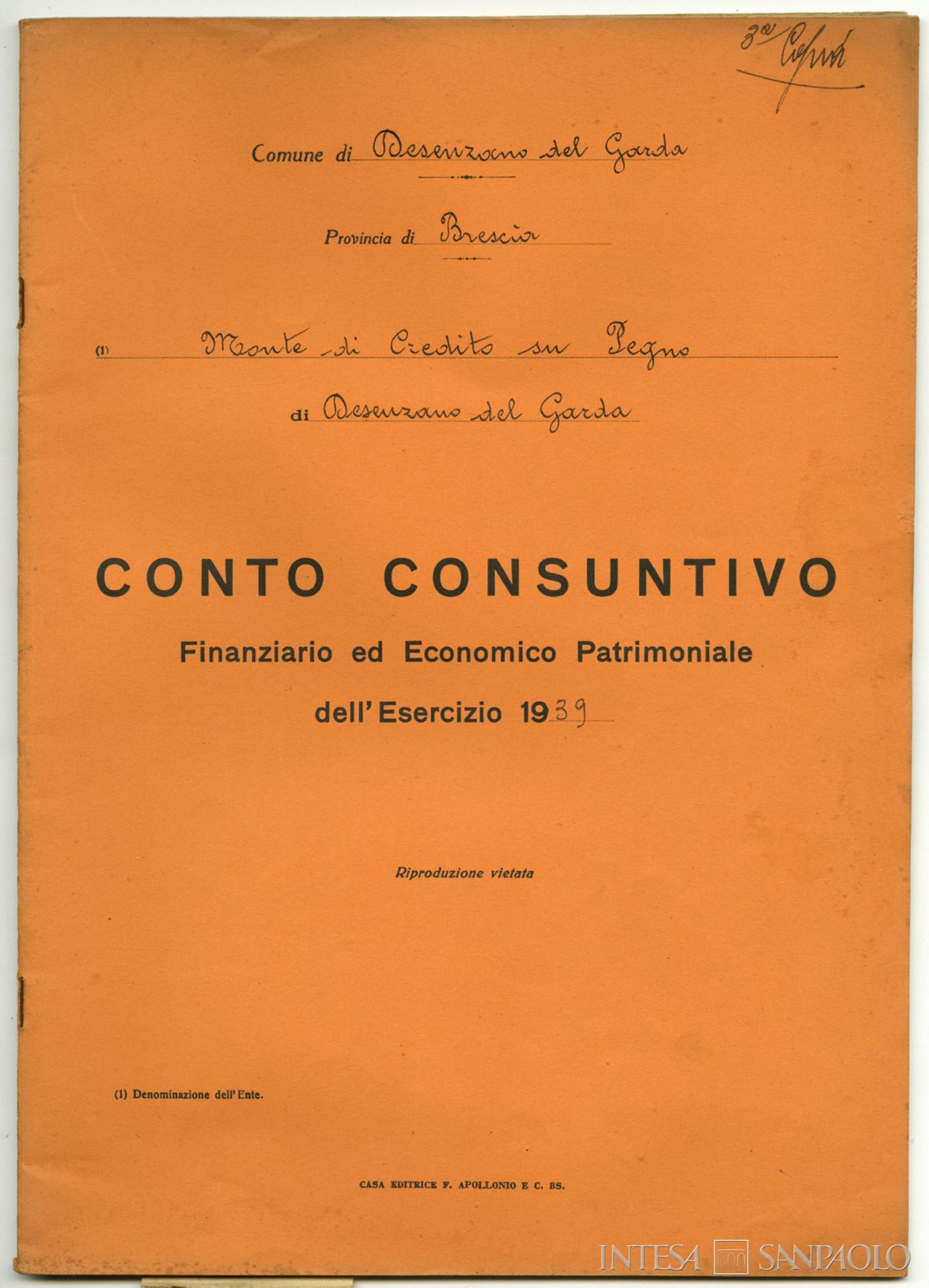 Monte di Credito su Pegno di Desenzano, Conto consuntivo finanziario ed economico patrimoniale dell'esercizio 1939