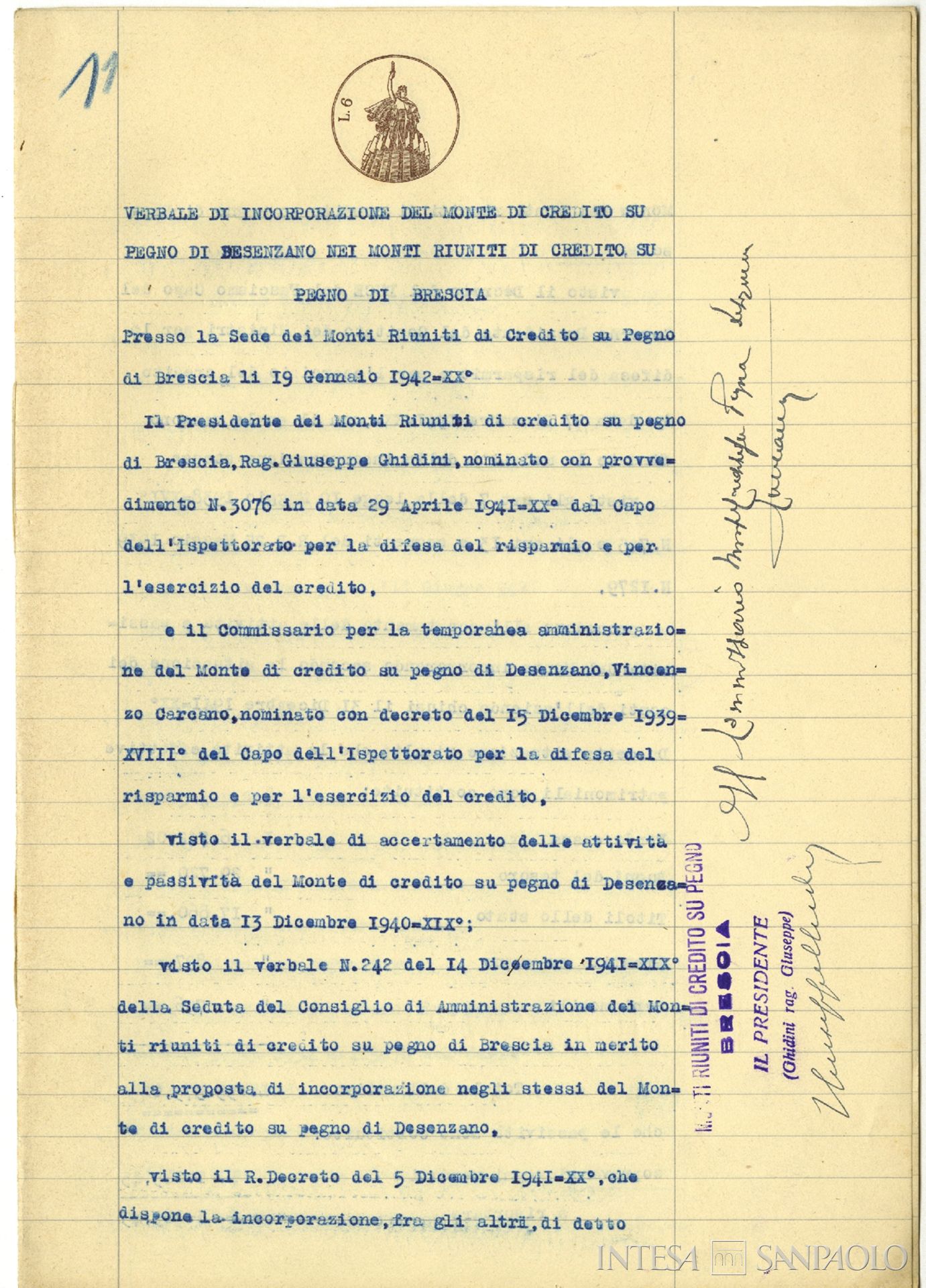 Monte di Credito su Pegno di Desenzano, Verbale di incorporazione dell'Istituto nei Monti di Credito su Pegno di Brescia, 19 gennaio 1942