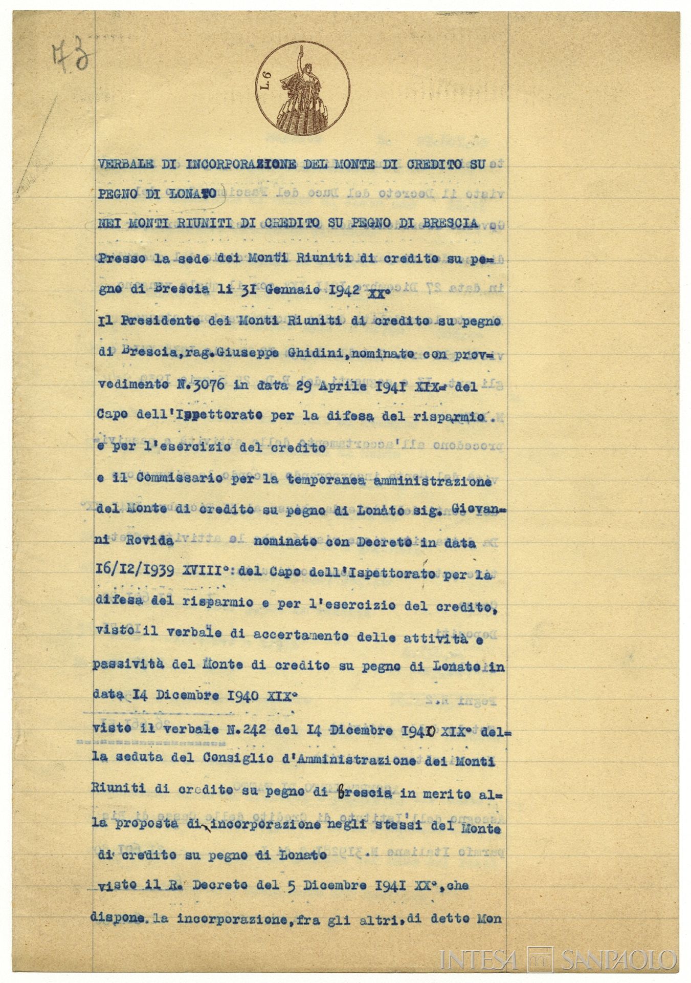 Monte di Credito su Pegno di Lonato, verbale di incorporazione nei Monti Riuniti di Credito su Pegno di Brescia, 31 gennaio 1942