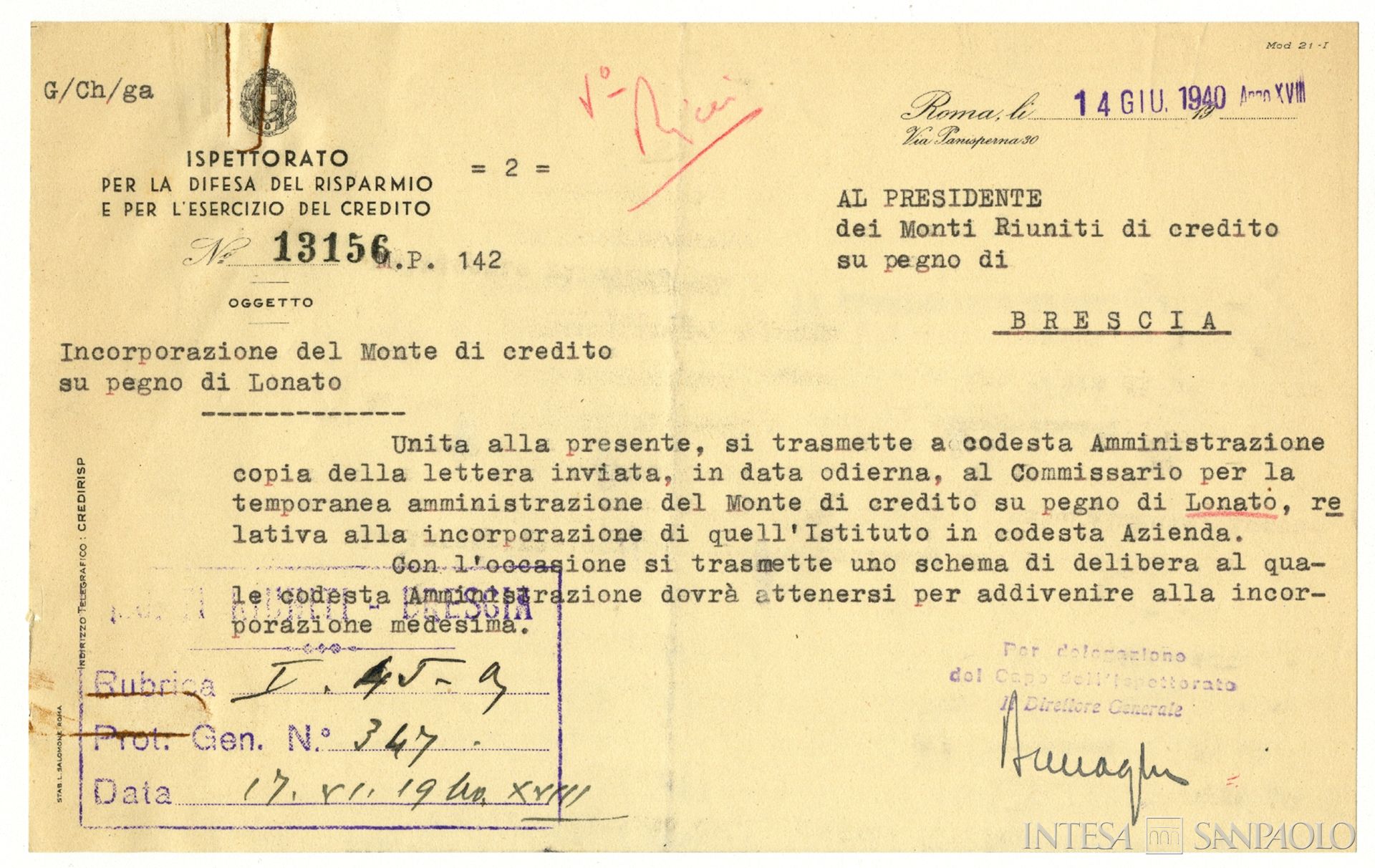 Monte di Credito su Pegno di Lonato, comunicazione dell'ispettorato del credito al commissario provvisorio del Monte di credito su pegno di Lonato di procedere all'incorporazione nel Monte di credito su pegno di Brescia, 14 giugno 1940