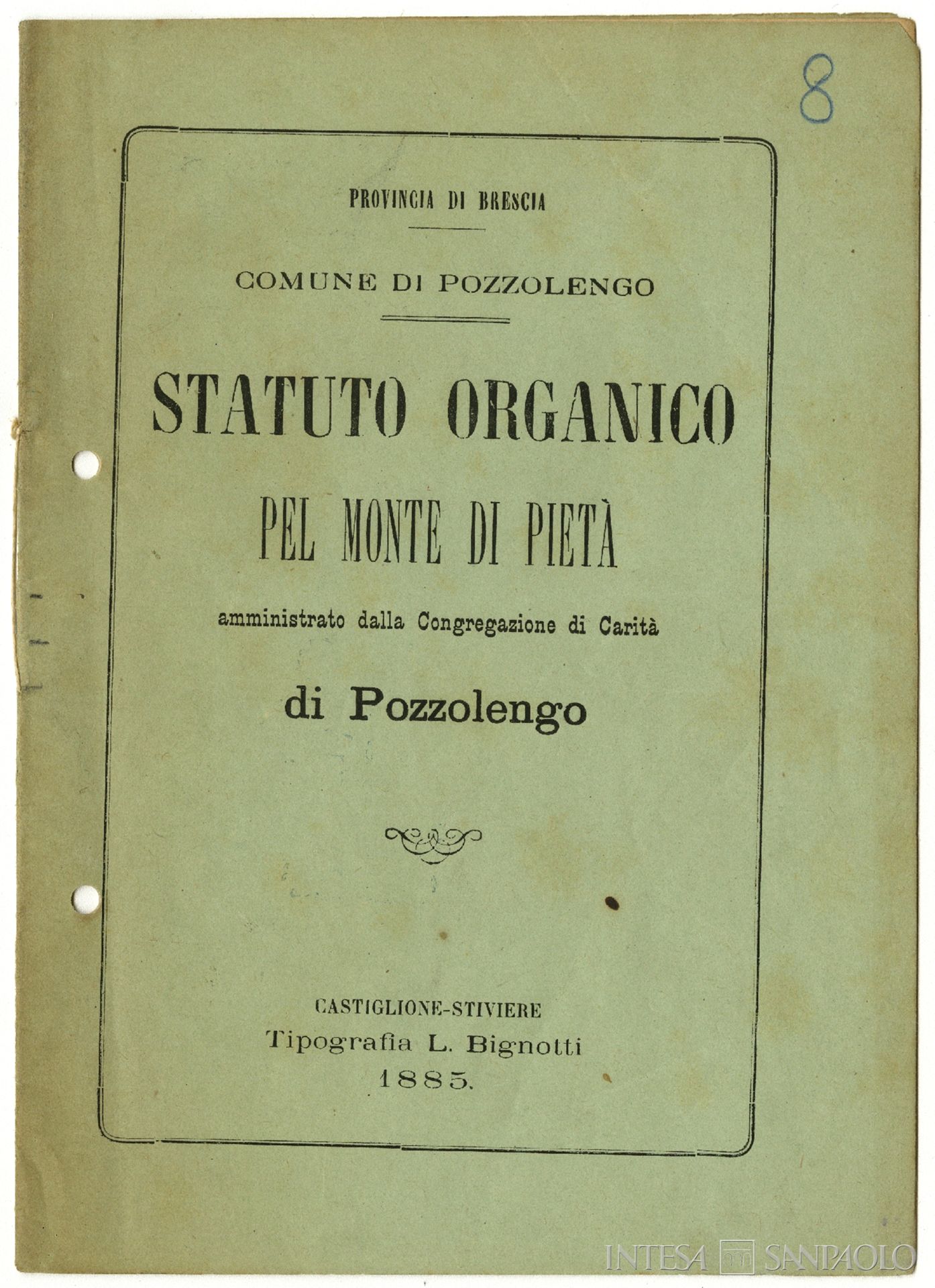 Monte di credito su pegno di Pozzolengo, statuto organico, 1885
