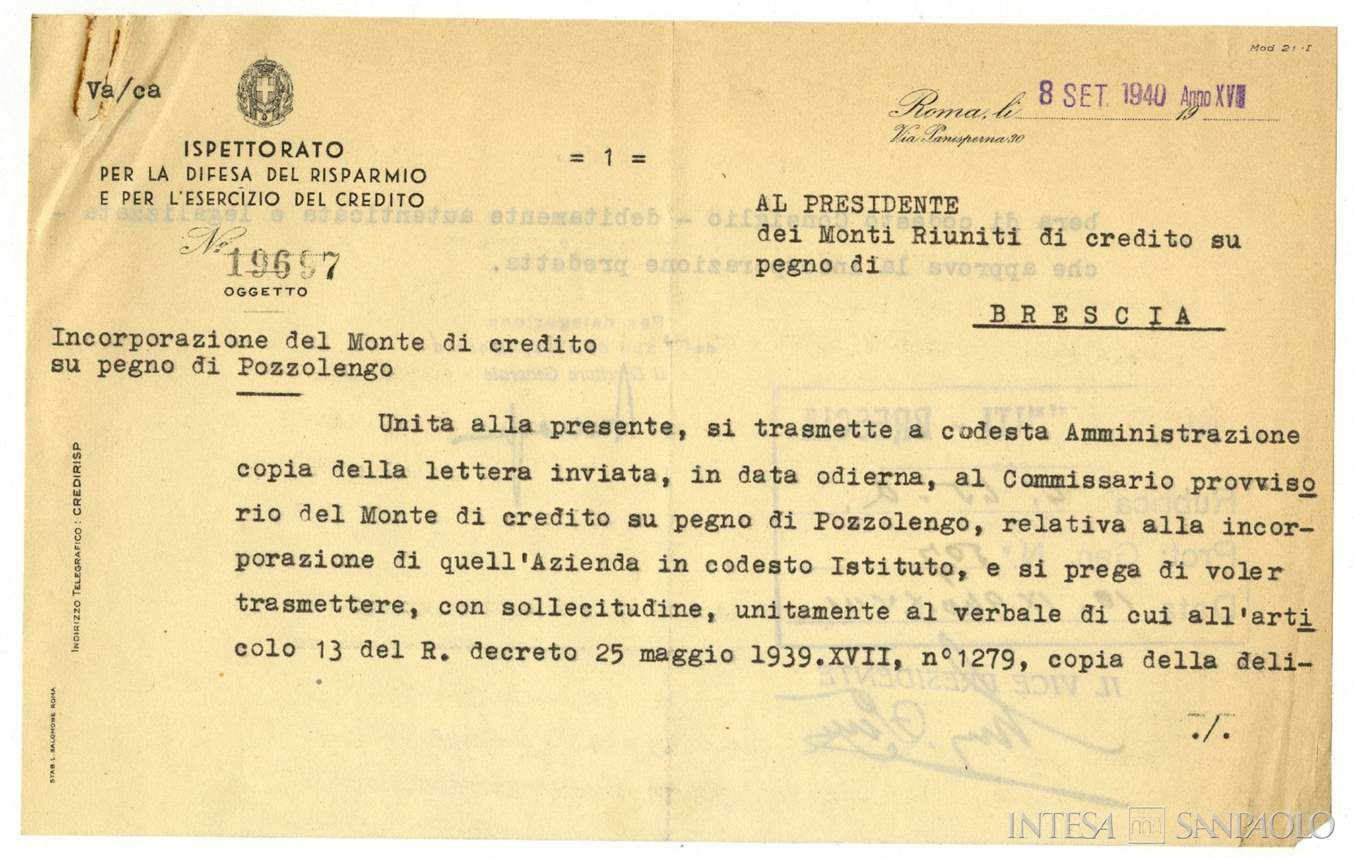 Monte di credito su pegno di Pozzolengo, comunicazione dell'Ispettorato del credito per dare corso all'incorporazione nei Monti Riuniti di Credito su Pegno di Brescia, 8 settembre 1940