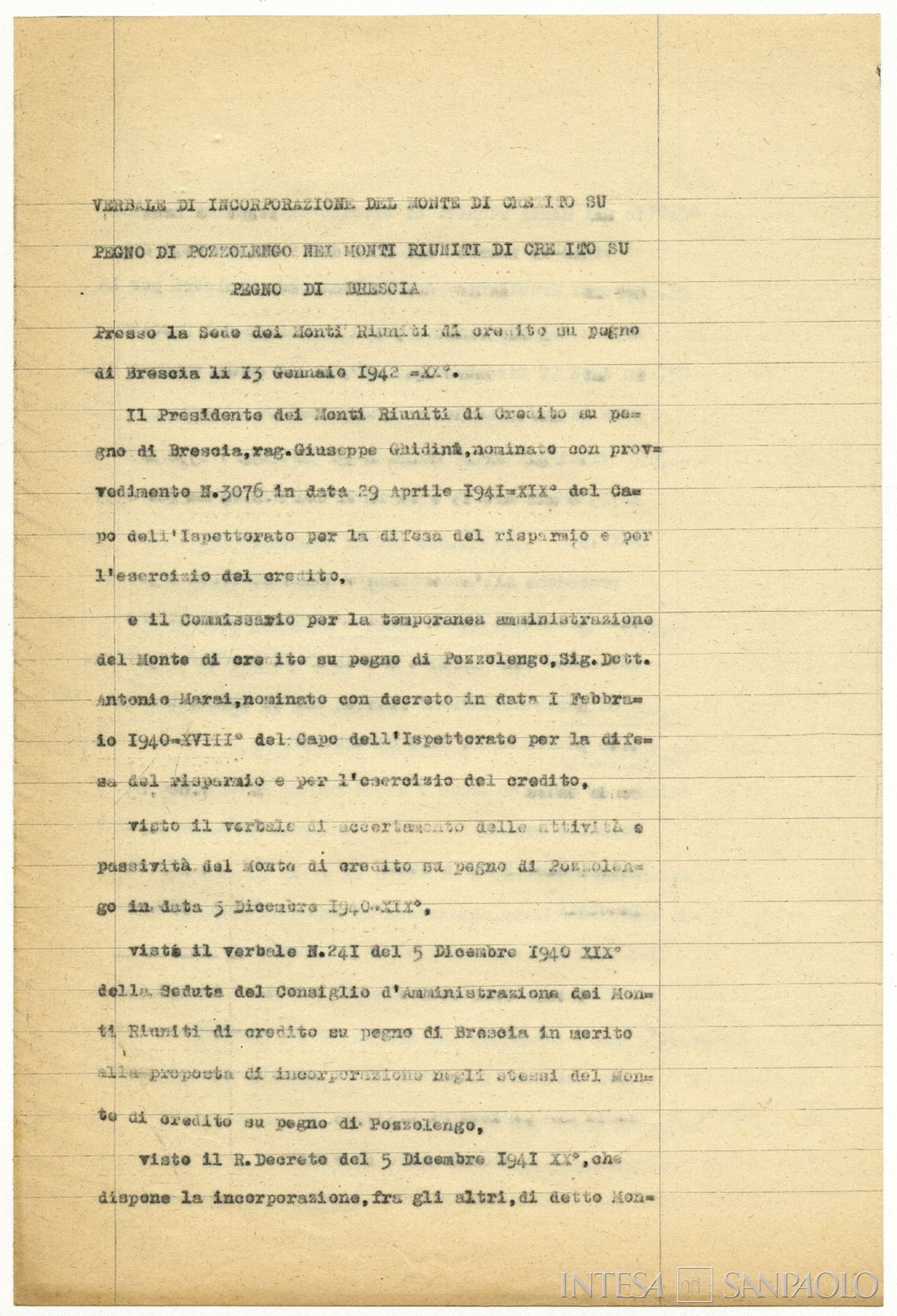 Monte di credito su pegno di Pozzolengo, verbale di incorporazione nei Monti Riuniti di Credito  su Pegno di Brescia, 31 gennaio 1942