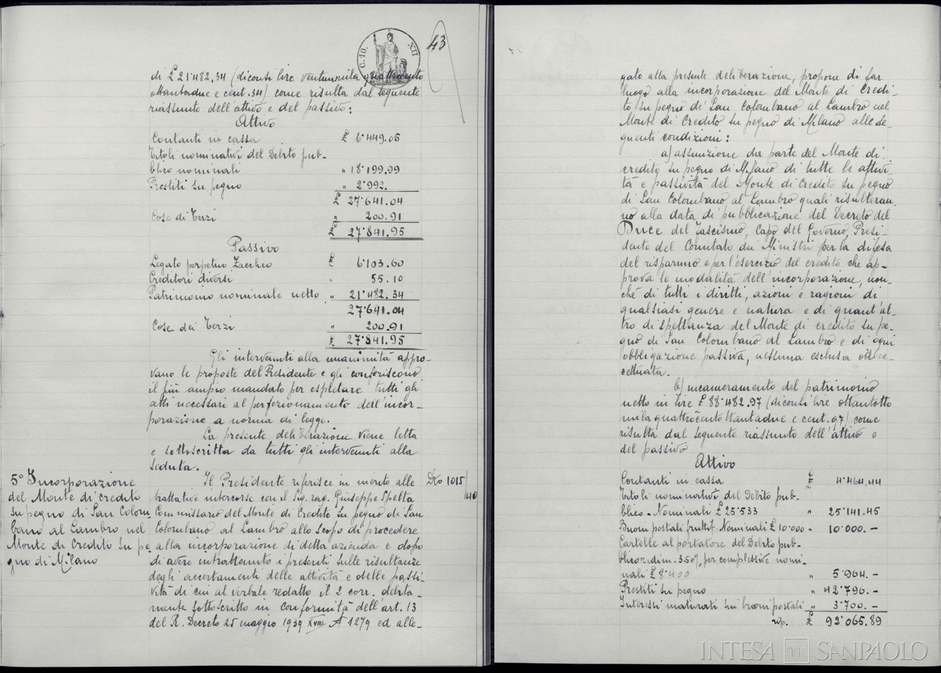 Monte di Credito su Pegno di San Colombano al Lambro, delibera del CdA del 2 marzo 1940 sull'incorporazione al Monte di Credito su Pegno di Milano, da Verbali, reg. 42, f. 43