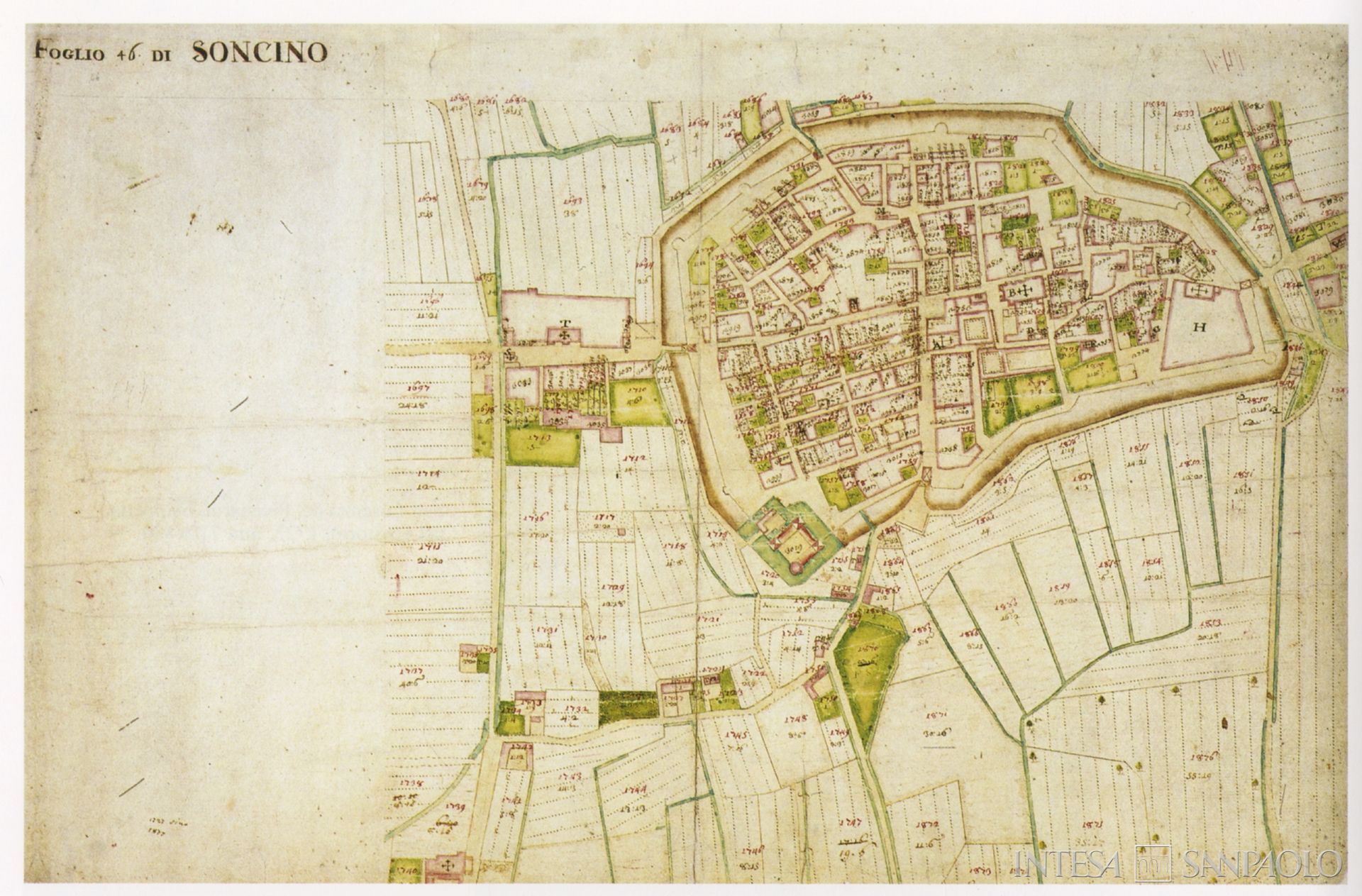 Monte di Credito su Pegno di Soncino, mappa del centro urbano del 1973, tratta da Cremona e il suo territorio (Cariplo, Milano, 1998), p. 424
