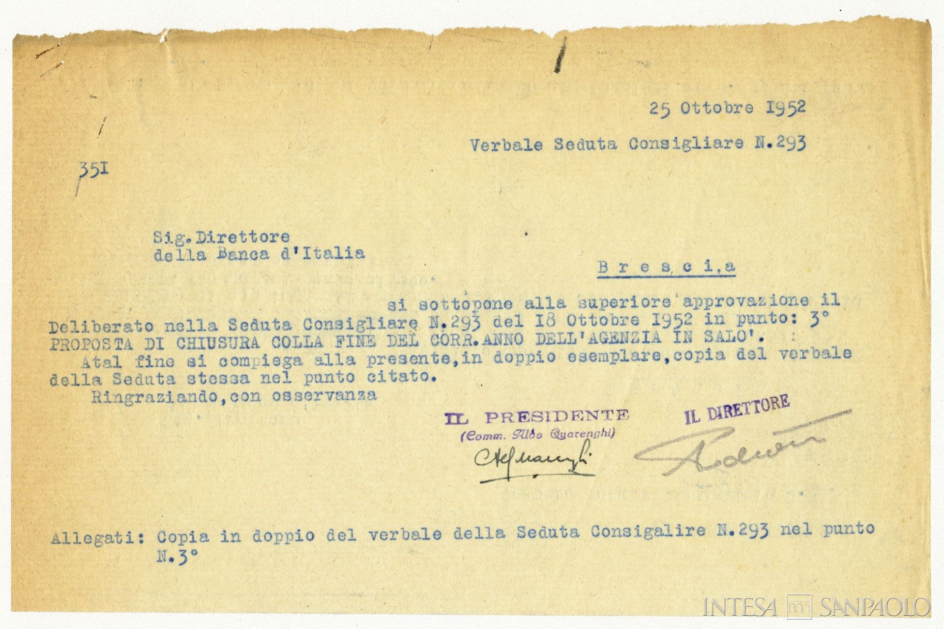 Monte di credito su pegno di Salò, autorizzazione della sede di Brescia della Banca d'Italia ai Monti Riuniti di Credito su Pegno di Brescia alla chiusura dell'Agenzia