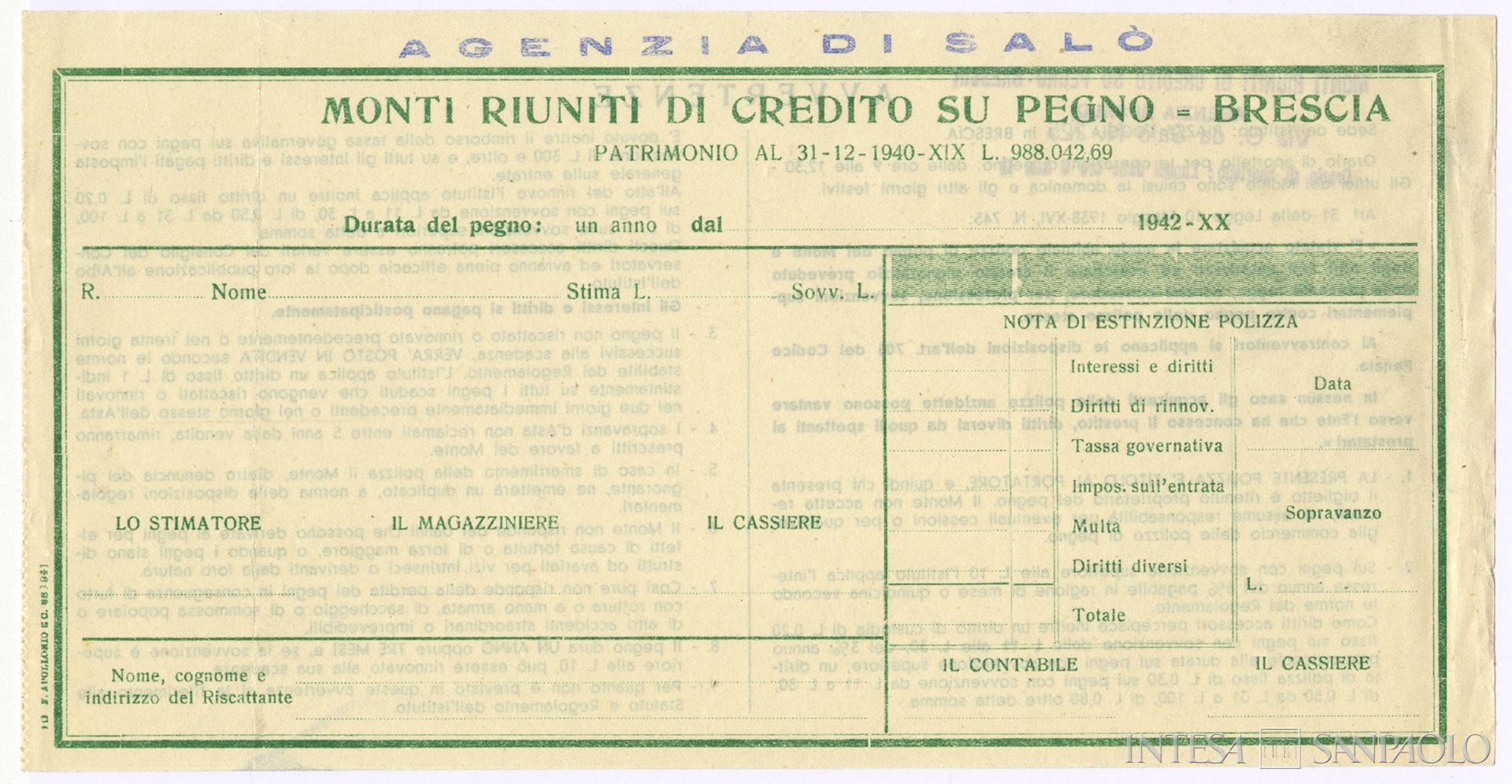 Monte di credito su pegno di Salò, polizza di pegno dei Monti Riuniti di Credito su pegno, Brescia, Agenzia di Salò ,1942